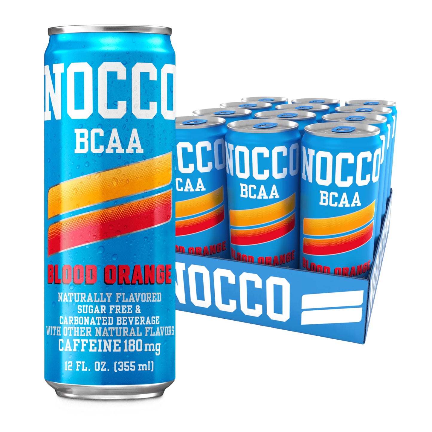Nocco Zero Sugar Energy Drink  Blood Orange - 12 Fl Oz (Pack Of 12) - 180Mg Energy Blend  Sugar Free  Bcaas - Branched Chain Amino Acids  Carbonated & Low Cal  B Vitamins  Grab & Go Performance Beverage