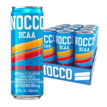 Nocco Zero Sugar Energy Drink  Blood Orange - 12 Fl Oz (Pack Of 12) - 180Mg Energy Blend  Sugar Free  Bcaas - Branched Chain Amino Acids  Carbonated & Low Cal  B Vitamins  Grab & Go Performance Beverage