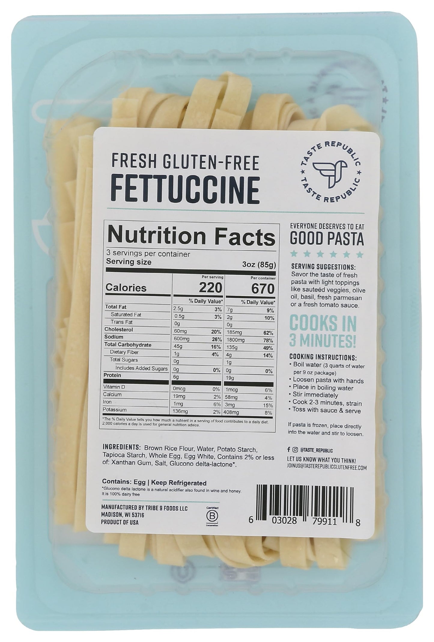 Gluten-Free Pasta, Fettuccine, Fresh Brown Rice Noodles Cook in Just 3 Minutes by Taste Republic, 9oz