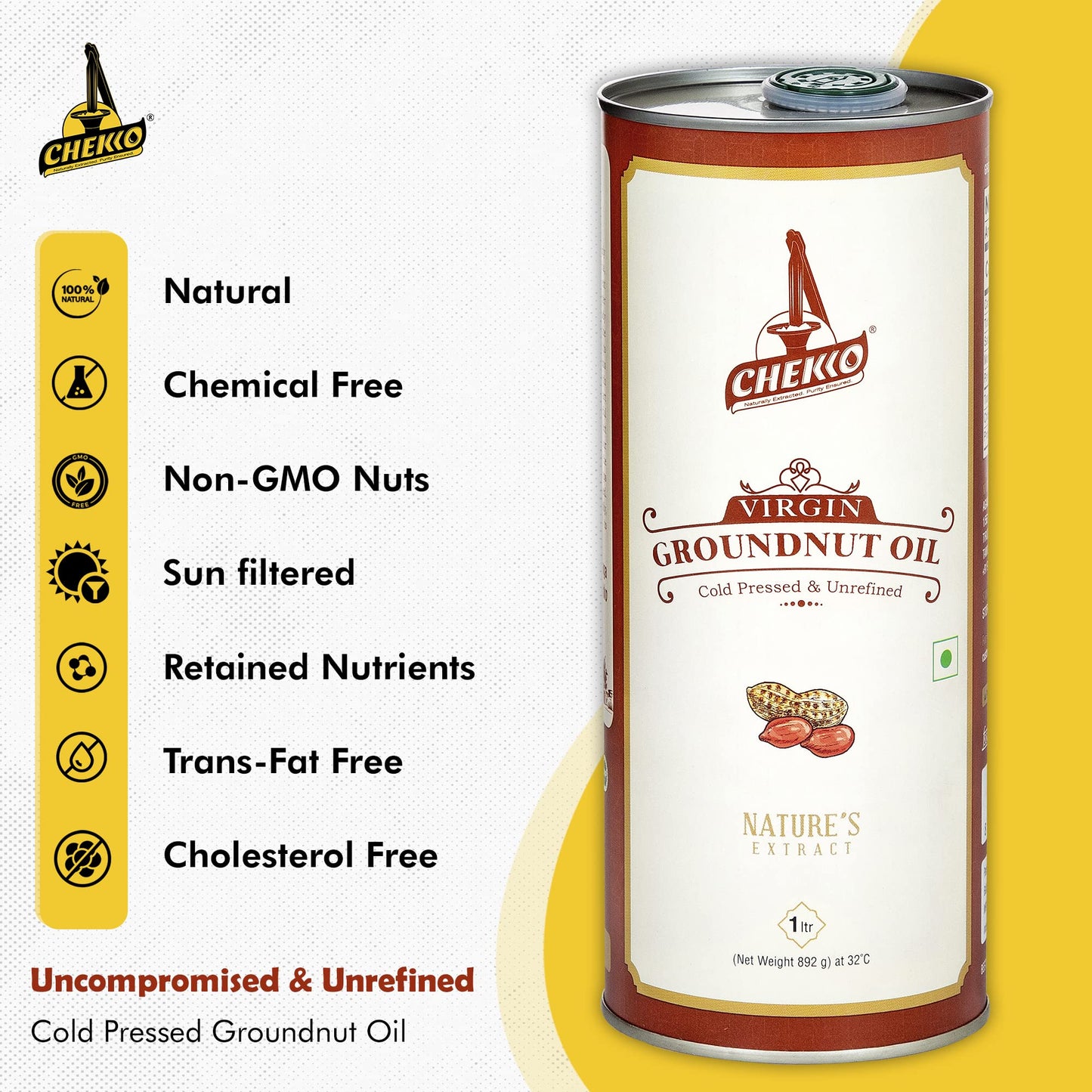 Chekko Cold Pressed Groundnut/Peanut Oil (Virgin, Kachi Ghani, Chekku) | 100% Natural, Pure & Wood Pressed (2L) For Cooking - (1