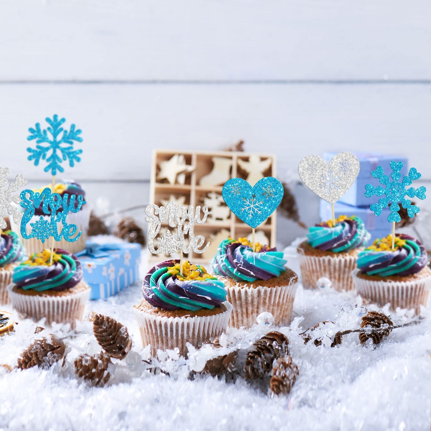 Gyufise 24Pcs Snowflake Cupcake Topper Blue Silver Glitter Winter Heart Snow In Love Cake Toppers For Winter Wonderland Wedding