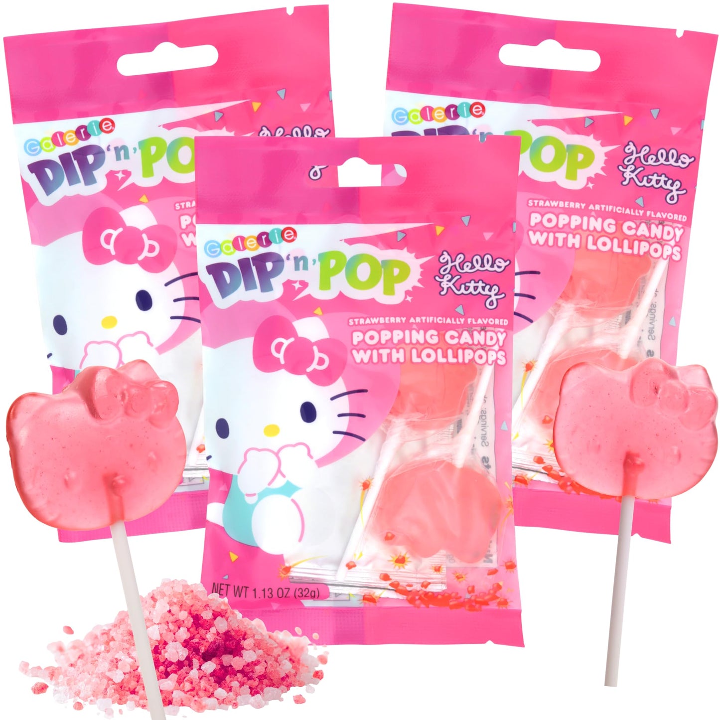 Hello Kitty Lollipops with Popping Candies, Strawberry Flavored Suckers, Birthday Party Favors, 1.13 Ounces (Pack of 3)