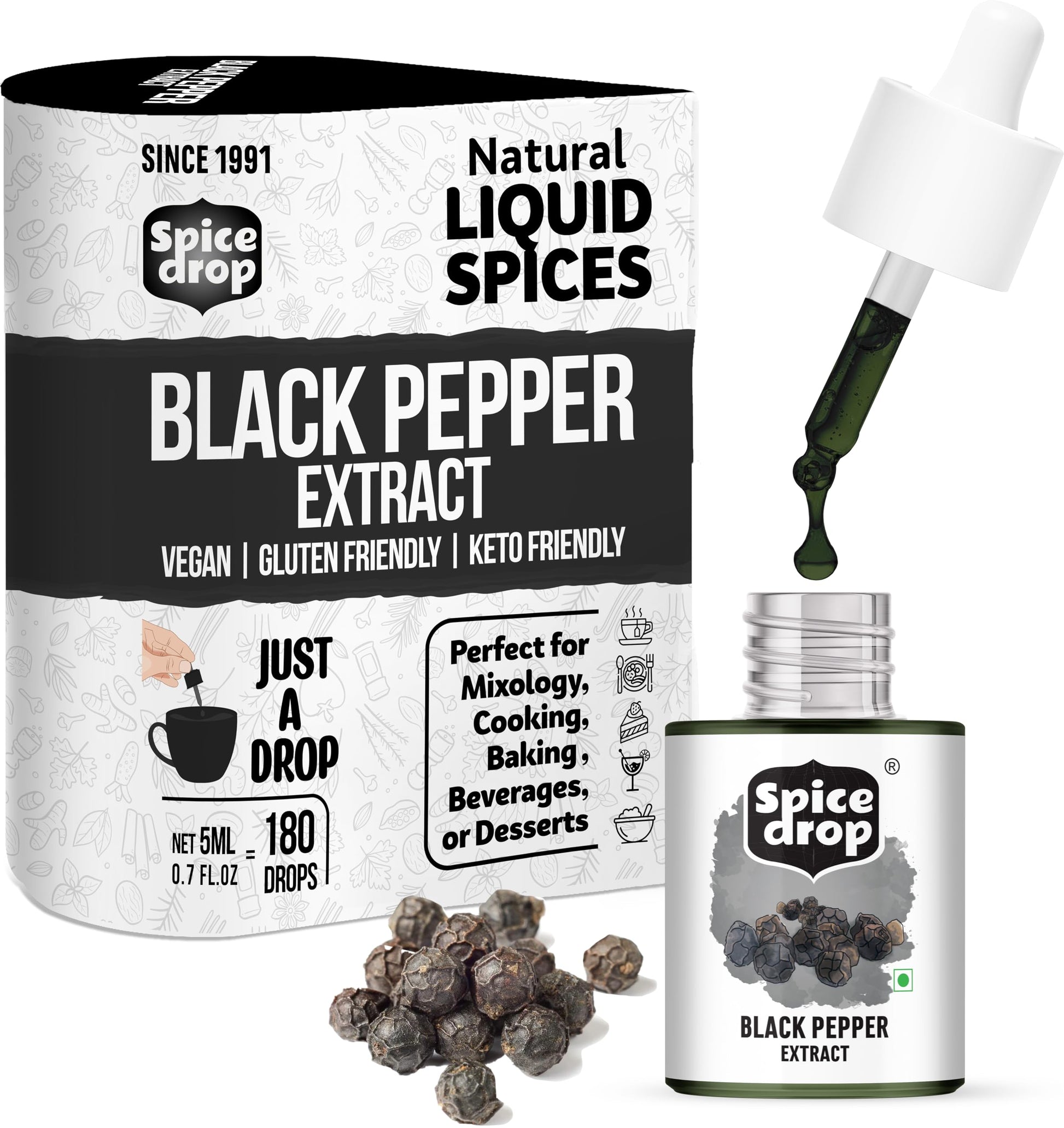 Spice Drop Black Pepper Natural Spice Extract For Soups, Dishes, and Beverages | Authentic Taste | Made From Peppercorns | 5ml (