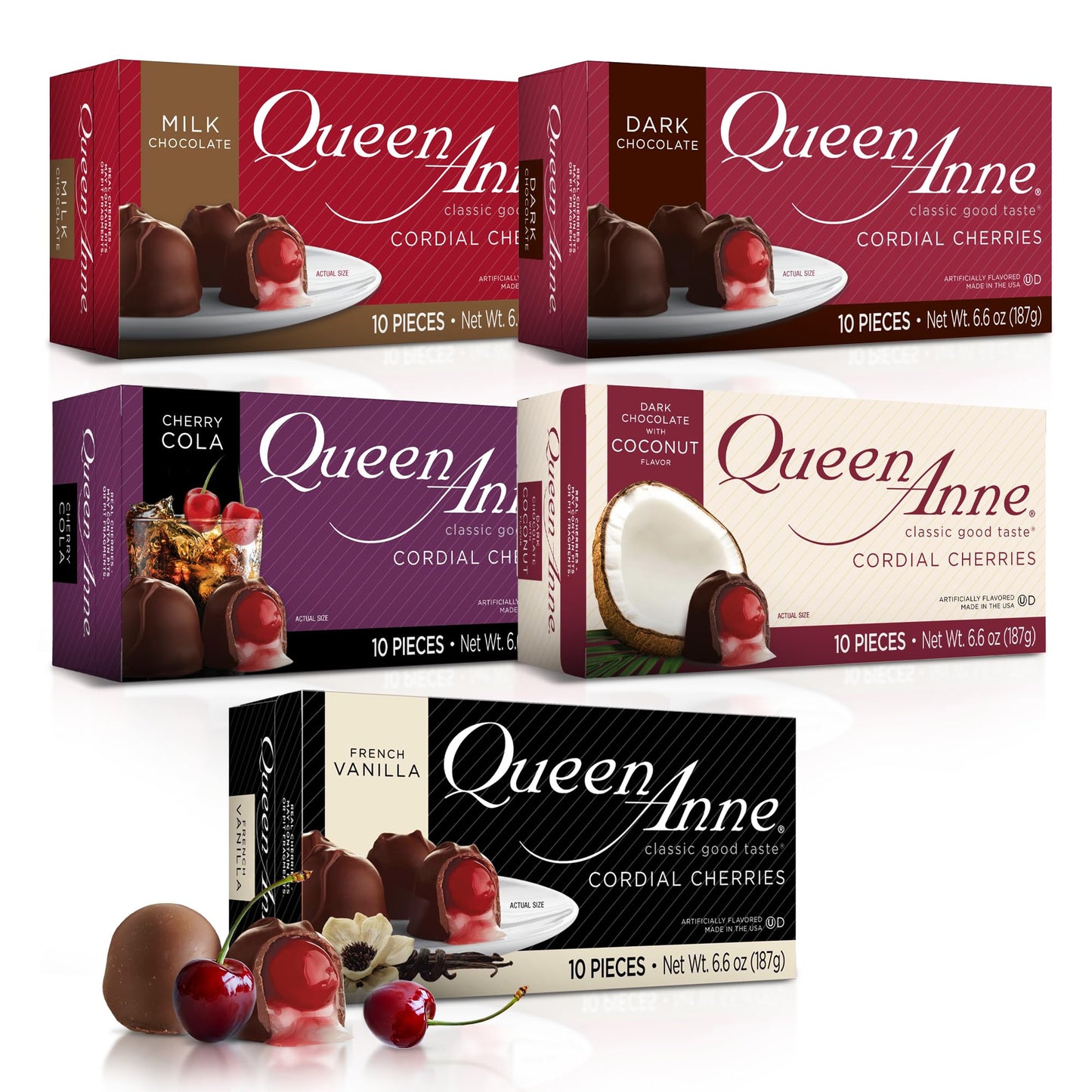Queen Anne Chocolate Covered Cordial Cherries Variety Pack | 6.6 oz (Pack of 5) | 10 Piece Boxes | Whole Maraschino Cherry Creamy Filled Liquid Center | Holiday Party Chocolate Candy