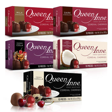 Queen Anne Chocolate Covered Cordial Cherries Variety Pack | 6.6 oz (Pack of 5) | 10 Piece Boxes | Whole Maraschino Cherry Creamy Filled Liquid Center | Holiday Party Chocolate Candy
