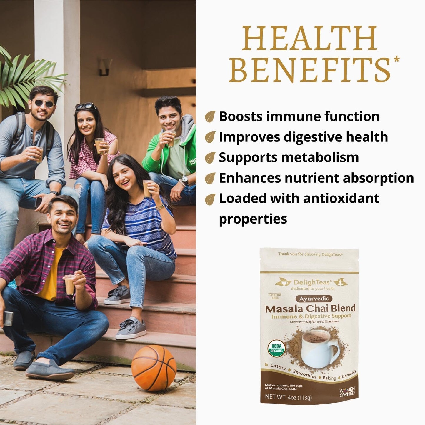 DelighTeas Organic Masala Chai Powder, Caffeine Free, Vegan, Keto, 4oz, 100 Servings