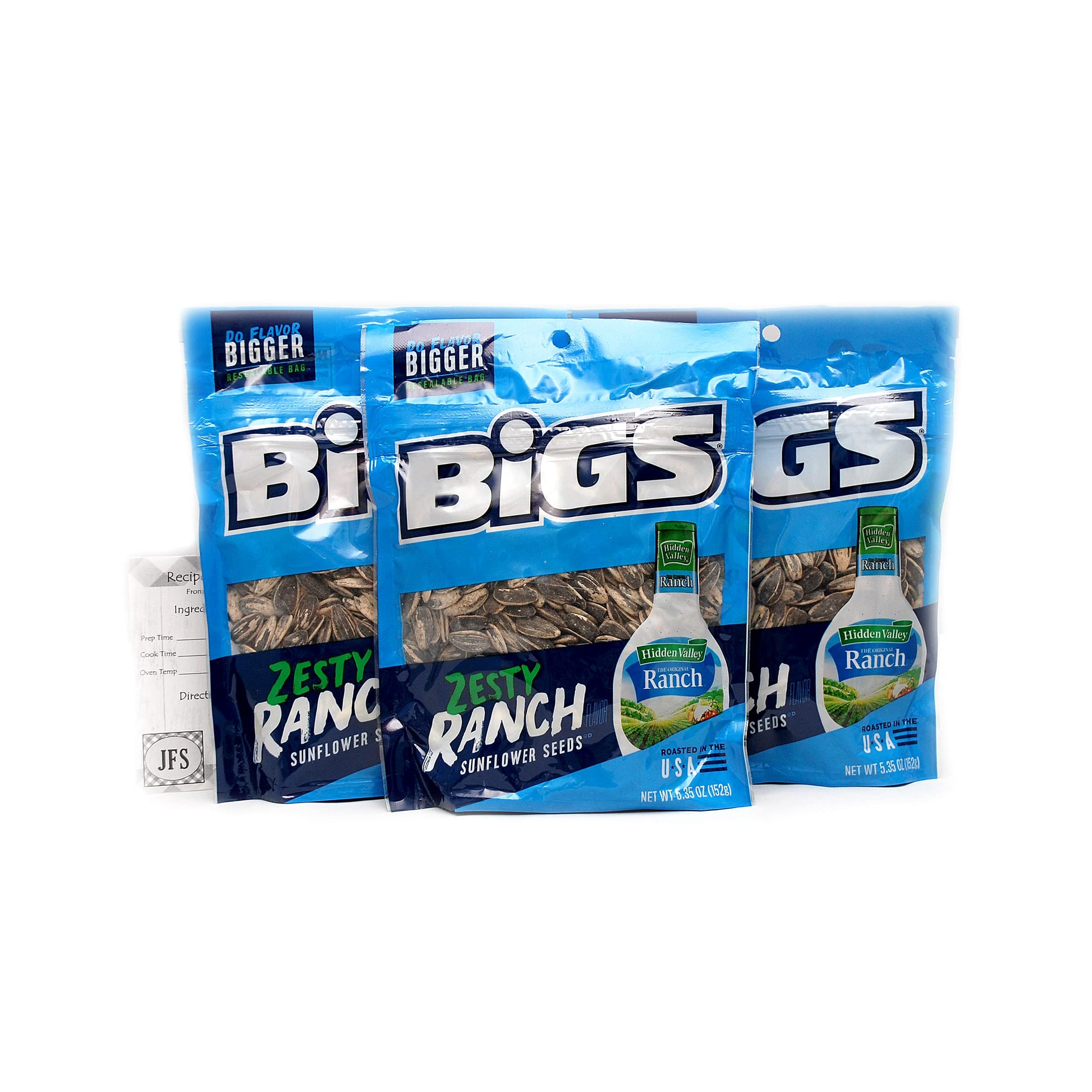 Zesty Ranch BIGS Sunflower Seeds, 3-5.35 Ounce Bags Bundled with a JFS Recipe Card, Double Coated with HVR