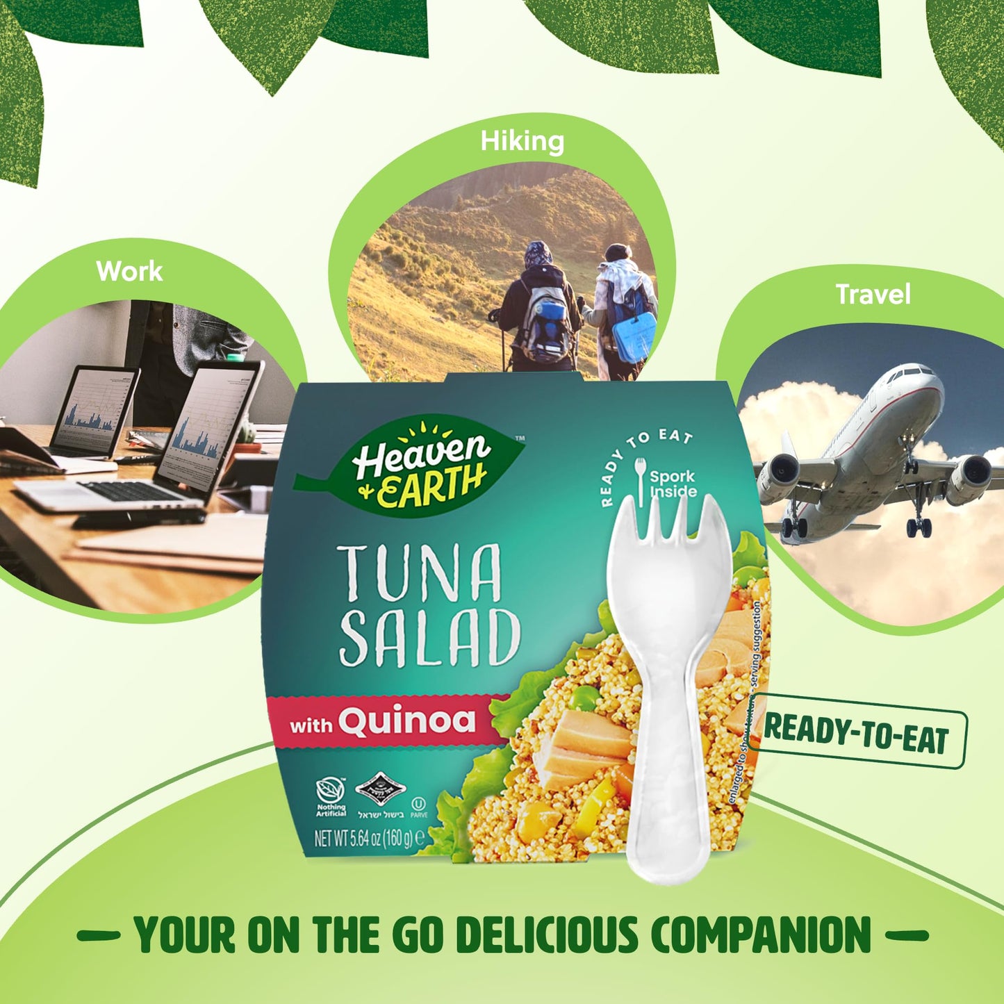 HEAVEN & EARTH Tuna Salad with Quinoa, 5.64oz (4 Pack), Travel Friendly, Spork Included