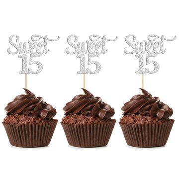 Gyufise 24Pcs Sweet 15 Cupcake Toppers Silver Glitter Fifteen 15Th Birthday Cupcake Picks Age 15 15Th Birthday Anniversary Party