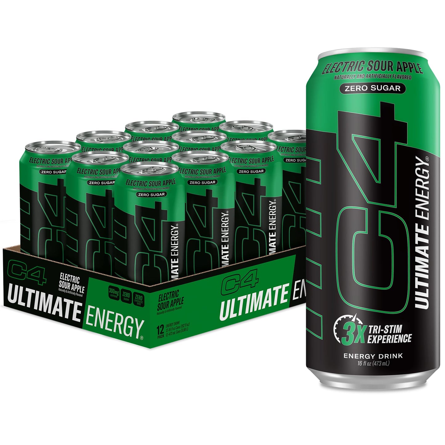 Cellucor C4 Ultimate Pre Workout Energy Drink - Sugar Free, 300mg Caffeine, Electric Sour Apple, 16oz (Pack of 12)