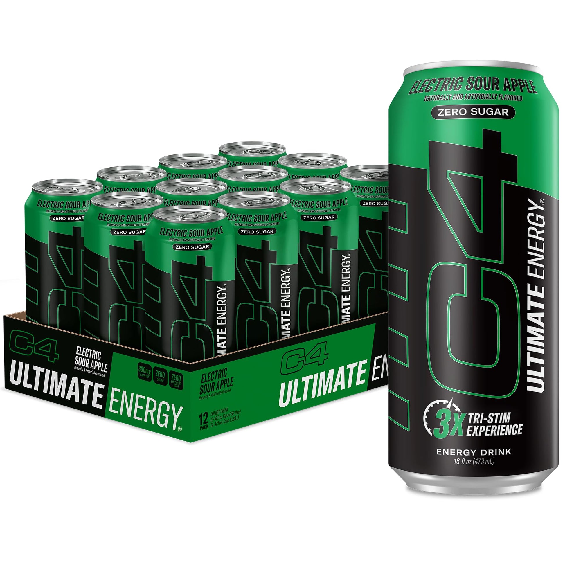 Cellucor C4 Ultimate Pre Workout Energy Drink - Sugar Free, 300mg Caffeine, Electric Sour Apple, 16oz (Pack of 12)