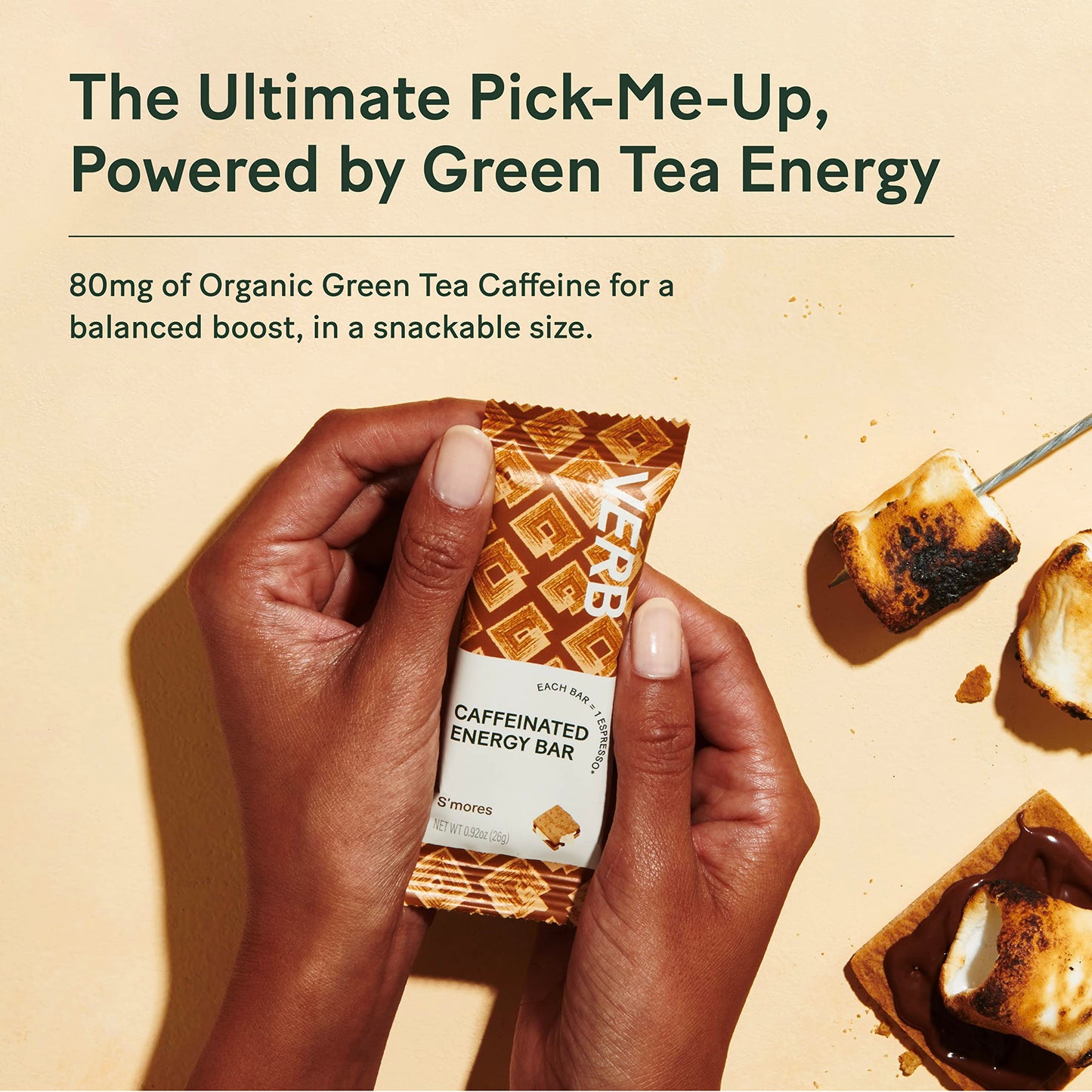 Verb Caffeinated Energy Bars Smores (26G, Pack Of 16) 110-Calorie Delicious Low Sugar Energy Bar - Vegan Gluten Free On-The Go Snack With 80Mg Green Tea Caffeine, Only Real-Food Ingredients