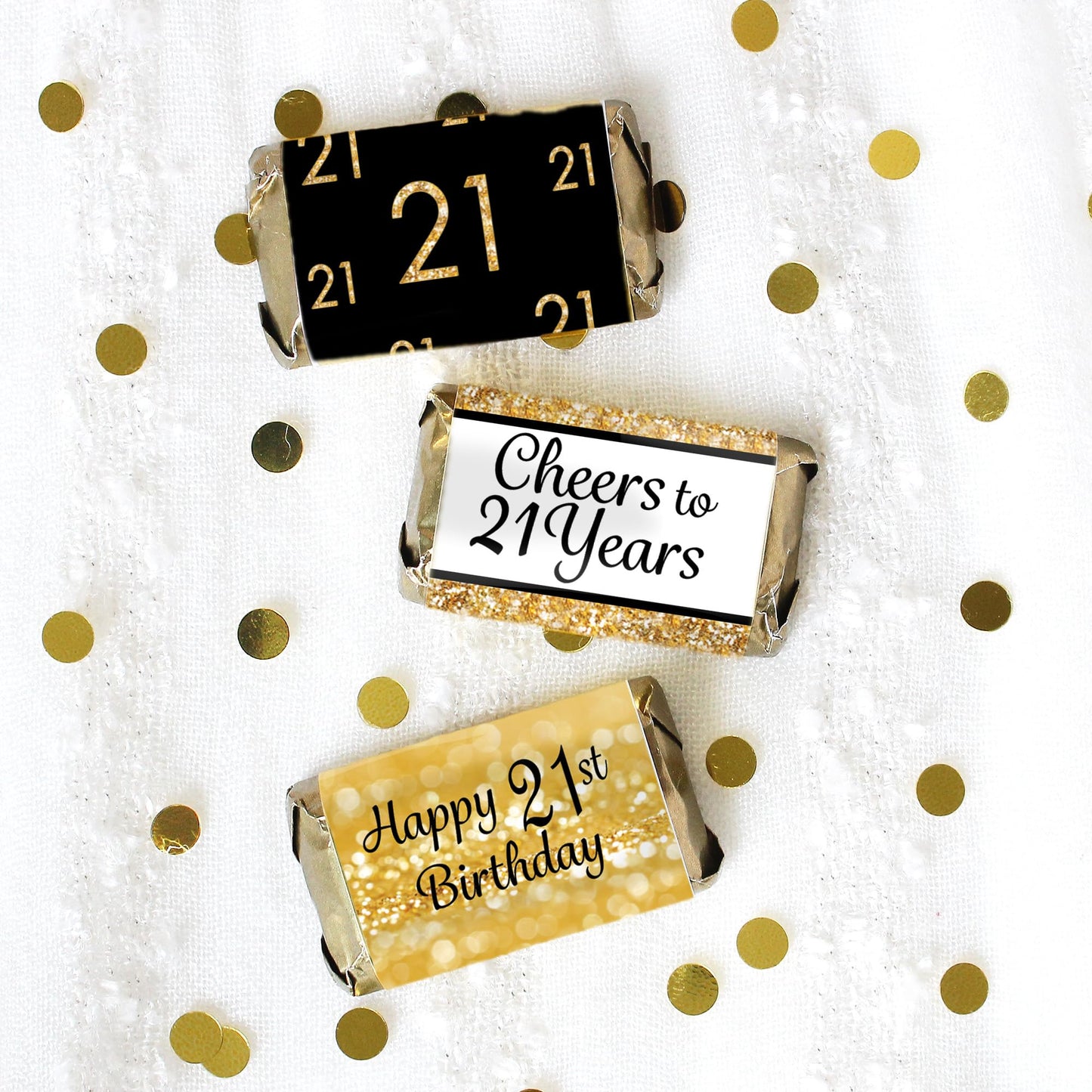 Distinctivs Black And Gold 21St Birthday Party Mini Candy Bar Wrappers - 45 Stickers, 21St Birthday Decorations