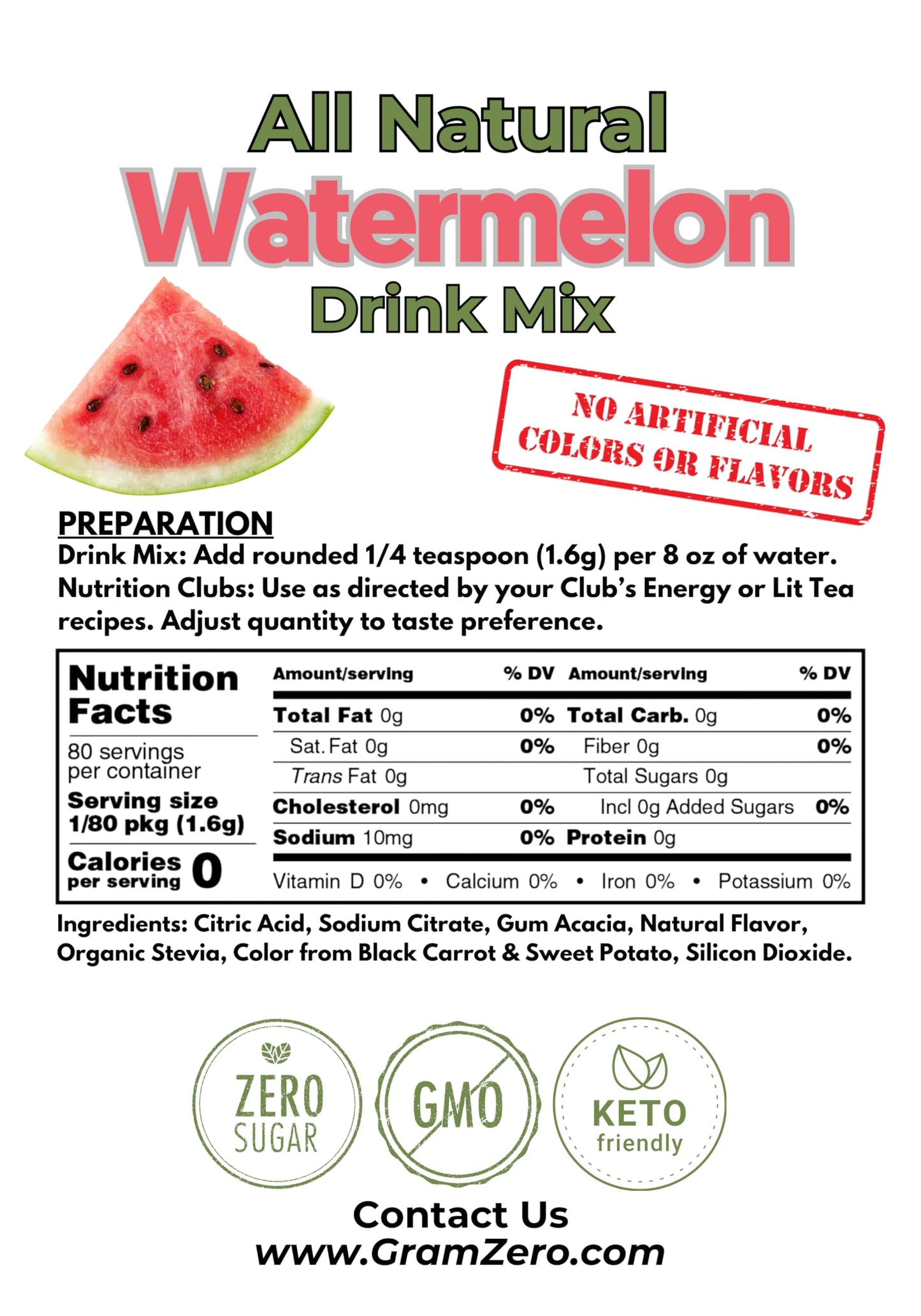 GramZero Watermelon Zero Calorie Sugar Free Drink Mix, Stevia Sweetened, 3 Ounce (Pack of 1)