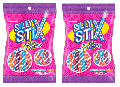 Silly Stix Sour Filled Candy Straws - 2.75 oz Bag - Pack of 2 - Variety of Flavors - Tropical Punch, Orange, Cherry, and Grape -