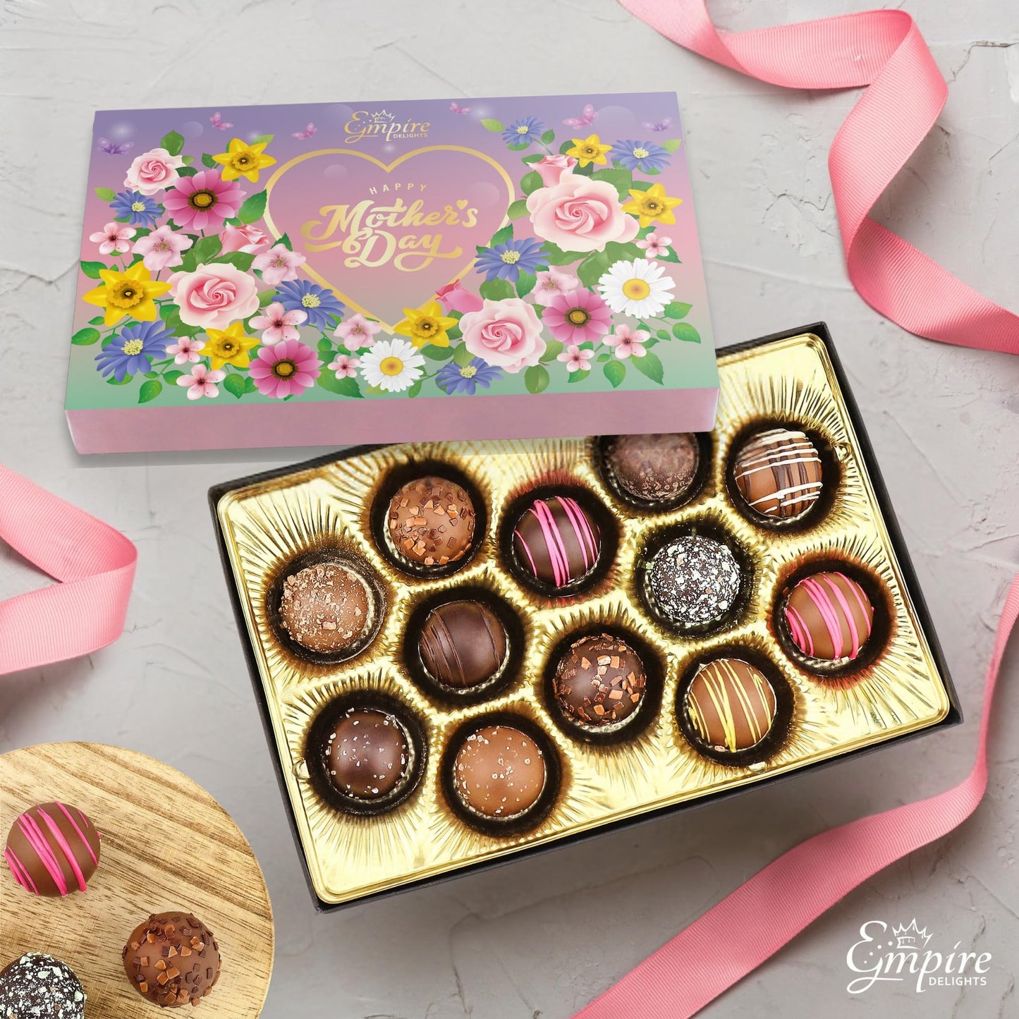 Empire Delights Mothers Day Chocolate Gift Box - 12 Assorted Milk & Dark Truffles - 6 oz Gourmet   for Mom, Wife, Grandma