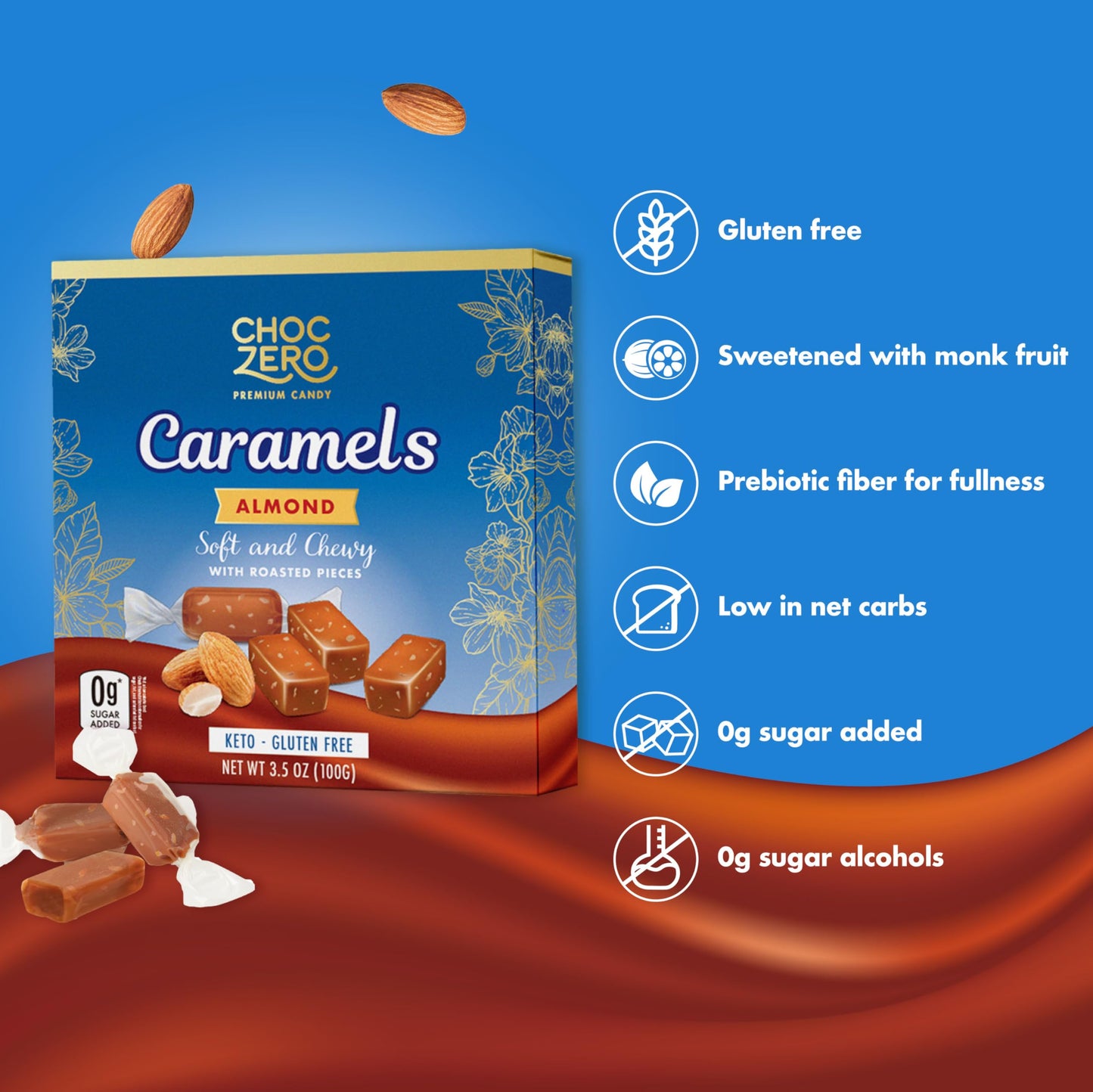 Choczero Sugar Free Almond Caramels, Soft And Chewy With Roasted Almonds, Keto Candy, All Natural, Low Carb Snack (3.5Oz Box)