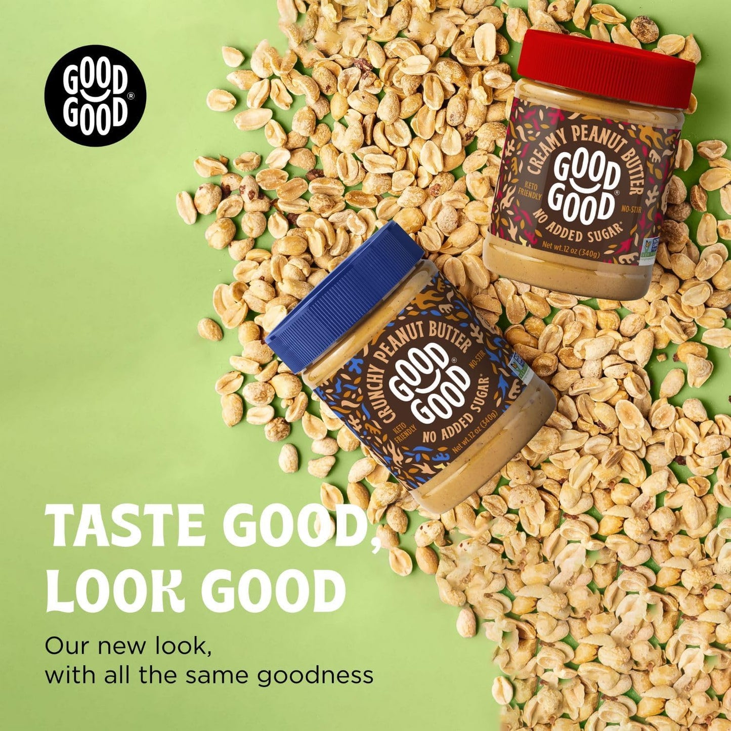 Good Good Crunchy & Creamy Peanut Butter - Keto Friendly - Low Carb & No Added Sugars - Vegan - Gluten Free - Non-GMO - 340g Jar