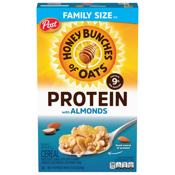 Honey Bunches of Oats Honey & Almond Protein Cereal, Breakfast or Snack, Family Size, 15 oz (Pack of 1)