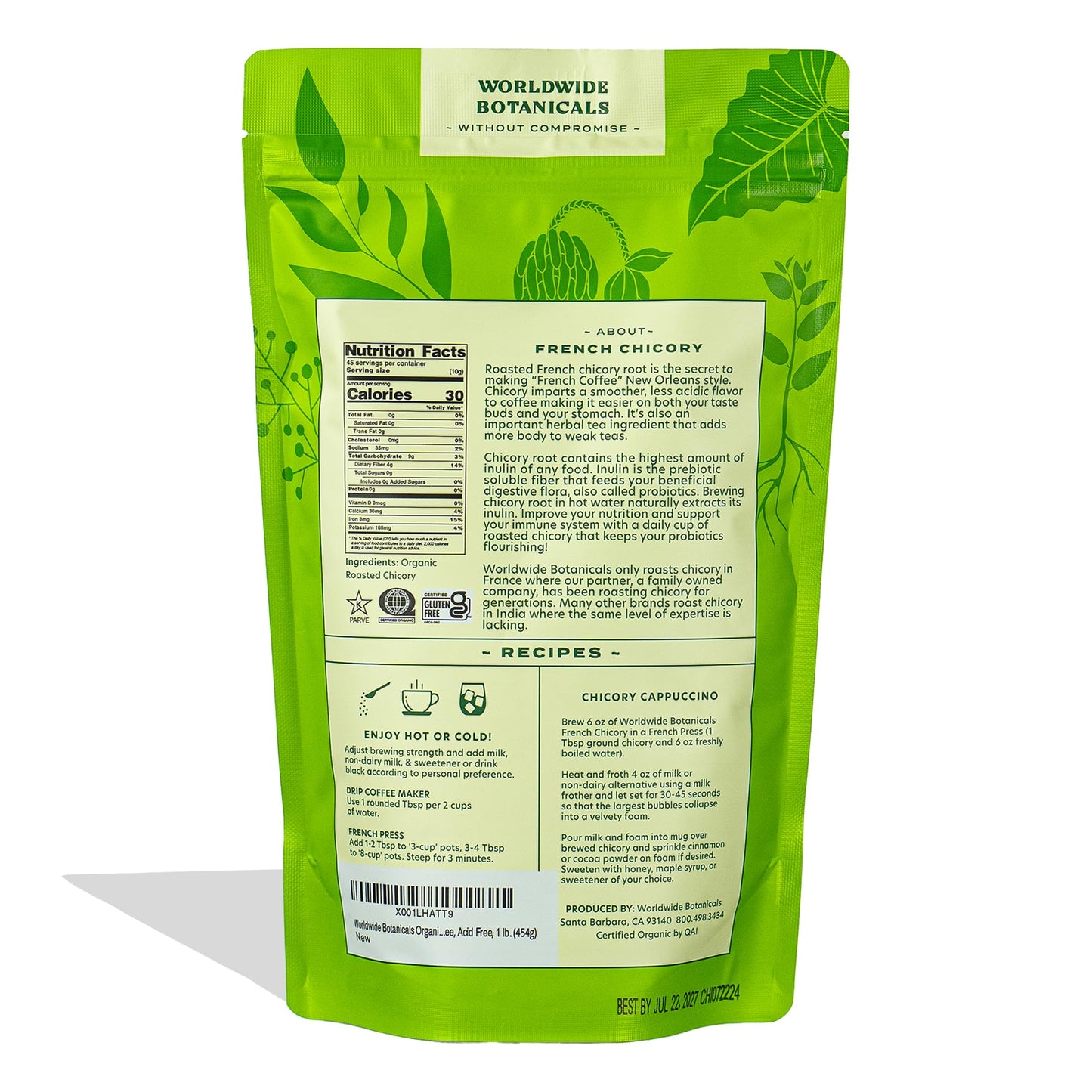 Worldwide Botanicals Organic French Chicory Root, Caffeine Free, 1 Pound