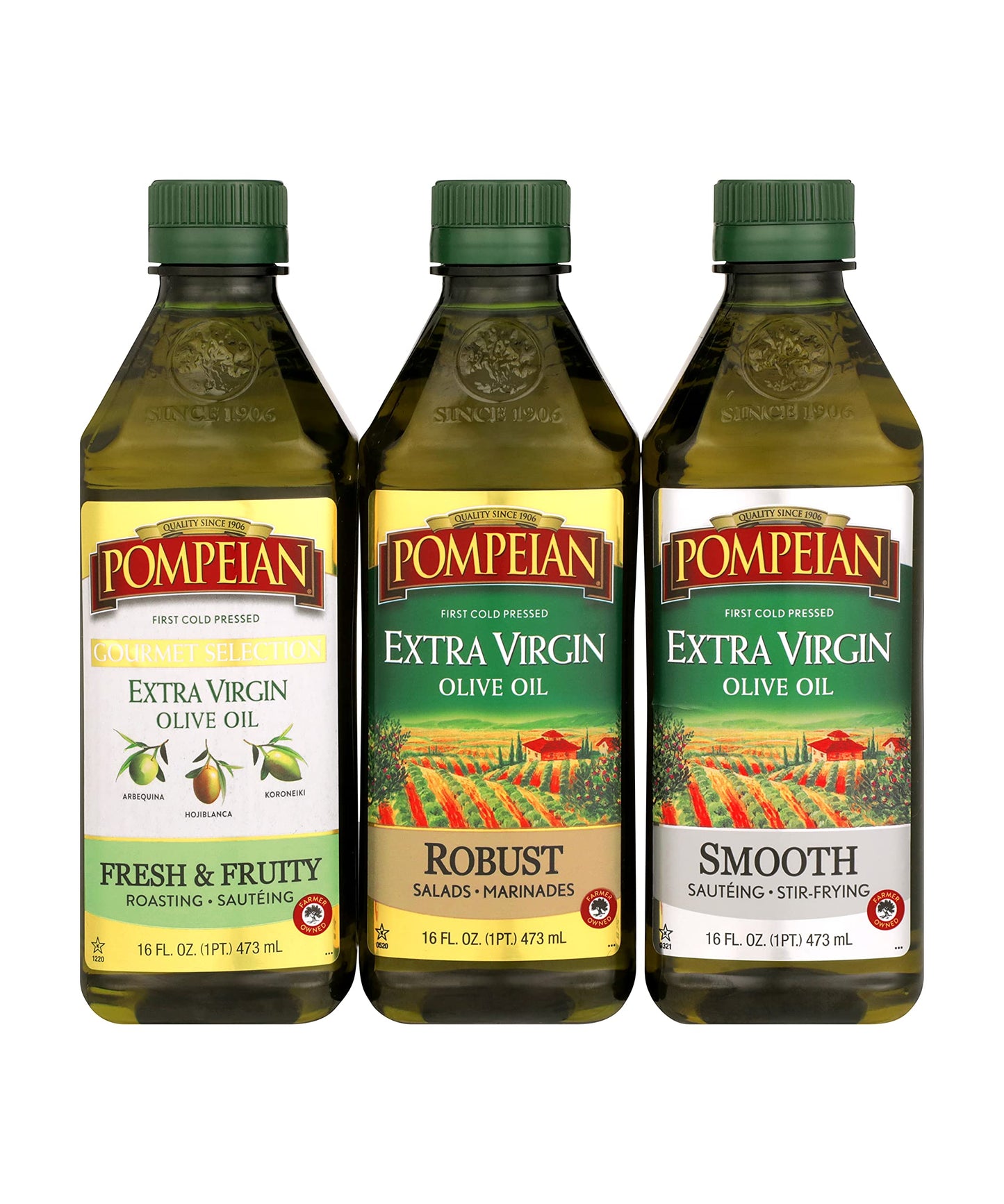 Pompeian Extra Virgin Olive Oil Variety Pack - Smooth EVOO, Gourmet Selection EVOO, Robust EVOO, Contains Polyphenols, First Col
