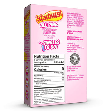 Starburst Singles To Go Zero Sugar Drink Mix, Strawberry, 6 Ct Per Box (Pack Of 6)