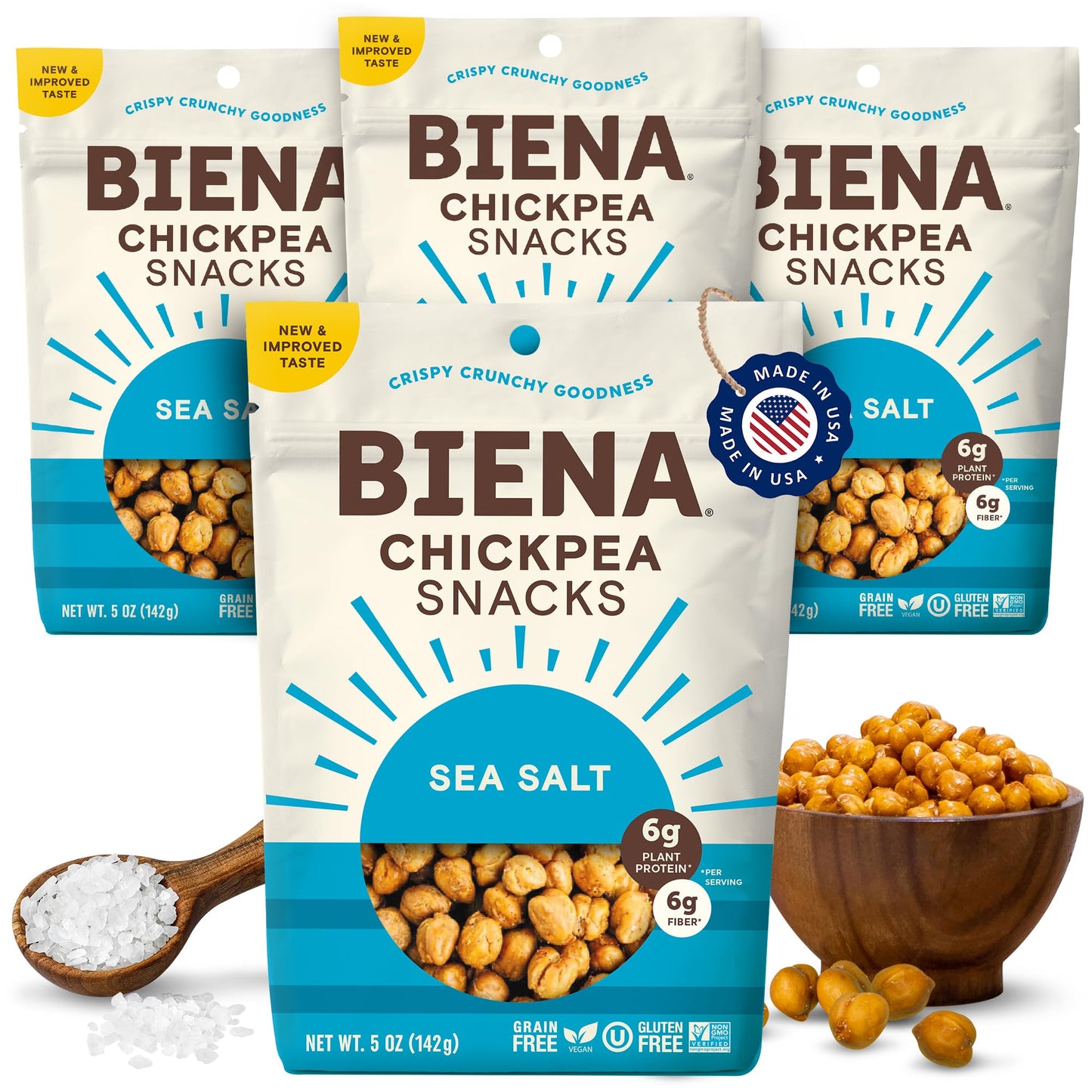BIENA Chickpea Snacks - Crunchy Roasted Chickpeas - High Fiber Vegan Protein - 4-Pack, 5 Ounce Bags - Sea Salt
