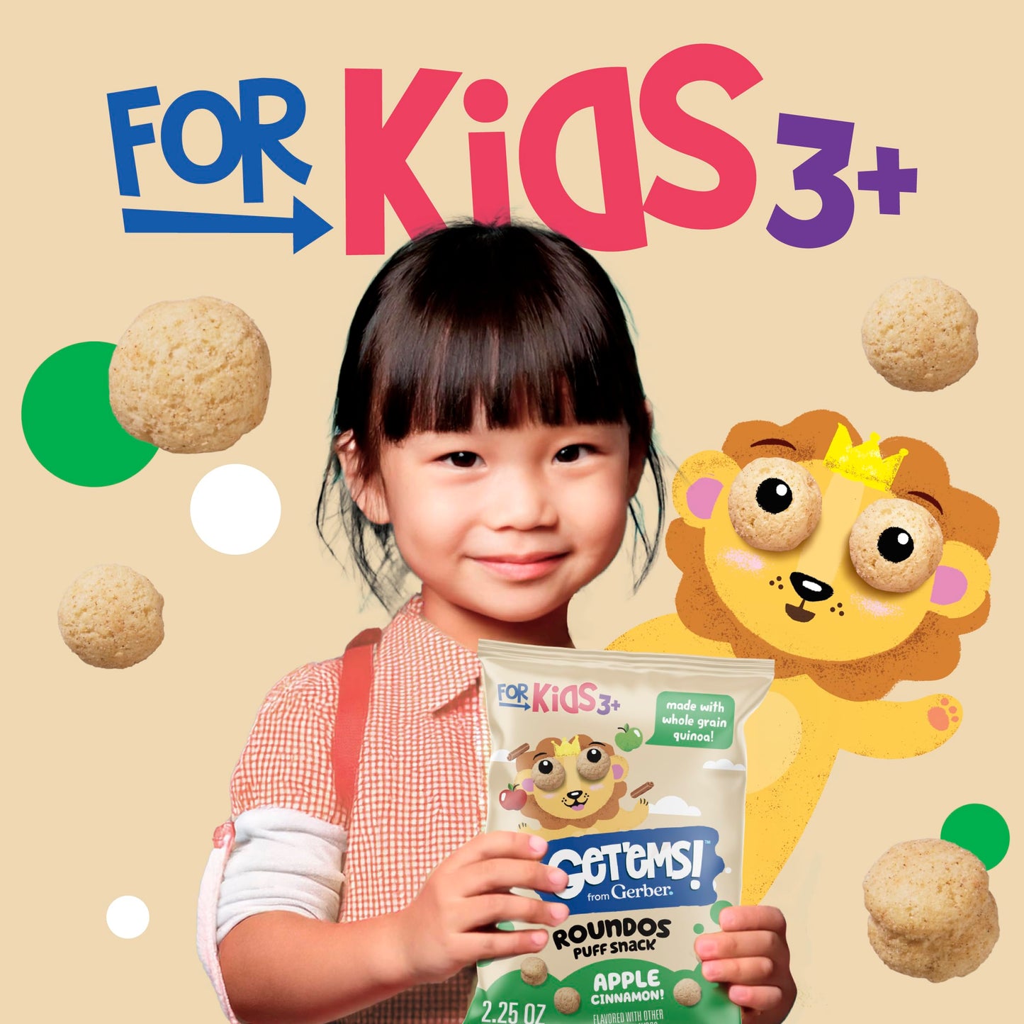Get'Ems! From Gerber, Snacks For Kids, Apple Cinnamon Roundos Puffs, Made With Whole Grain Quinoa, Calcium To Support Strong Bon