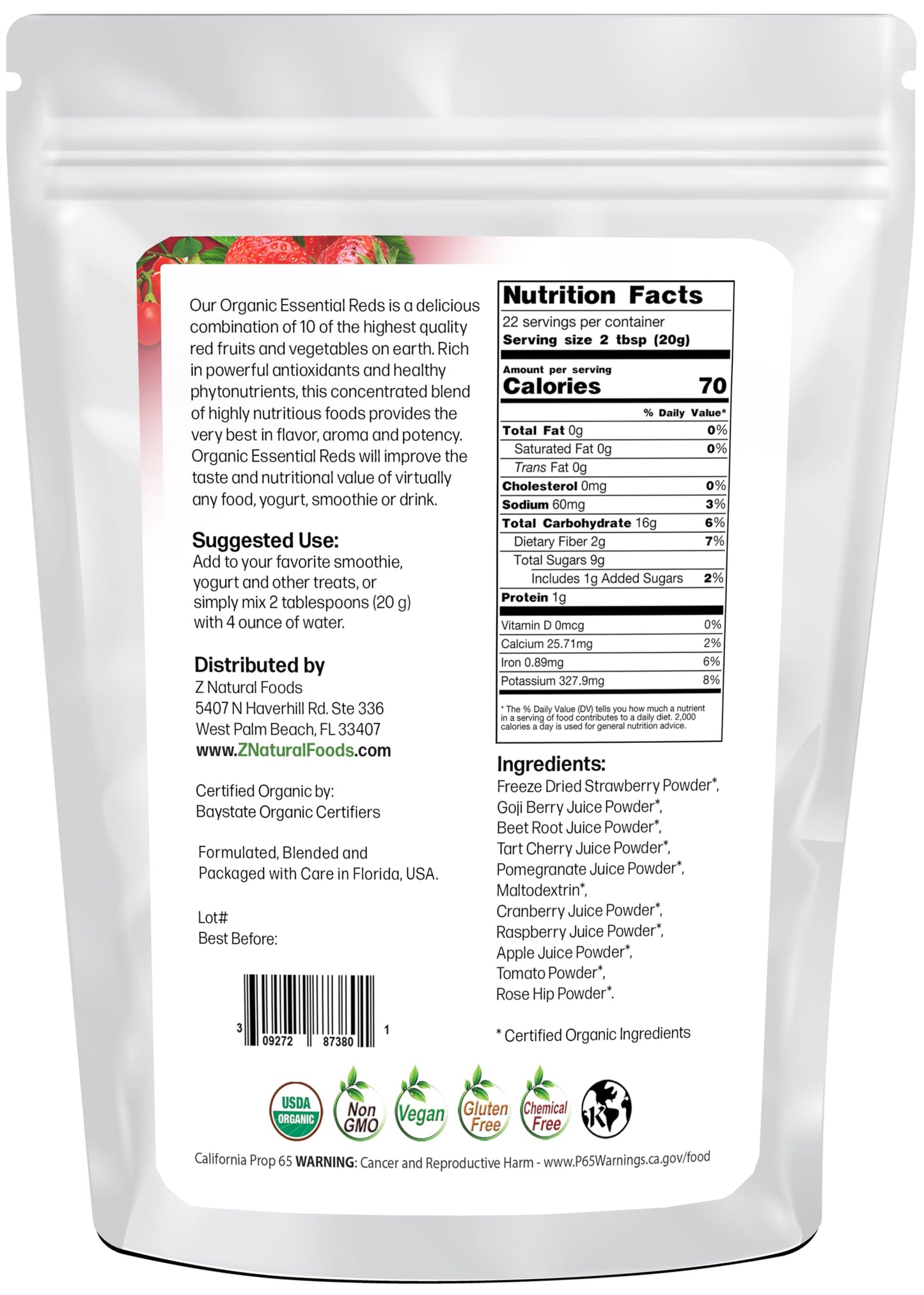 Z Natural Foods Organic Essential Reds, Organic Juice Powder, Super Blend Of 10 Red Fruits And Vegetables, Superfood Smoothie Po