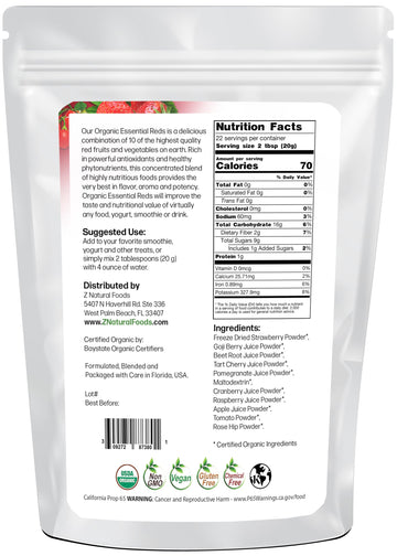 Z Natural Foods Organic Essential Reds, Organic Juice Powder, Super Blend Of 10 Red Fruits And Vegetables, Superfood Smoothie Po