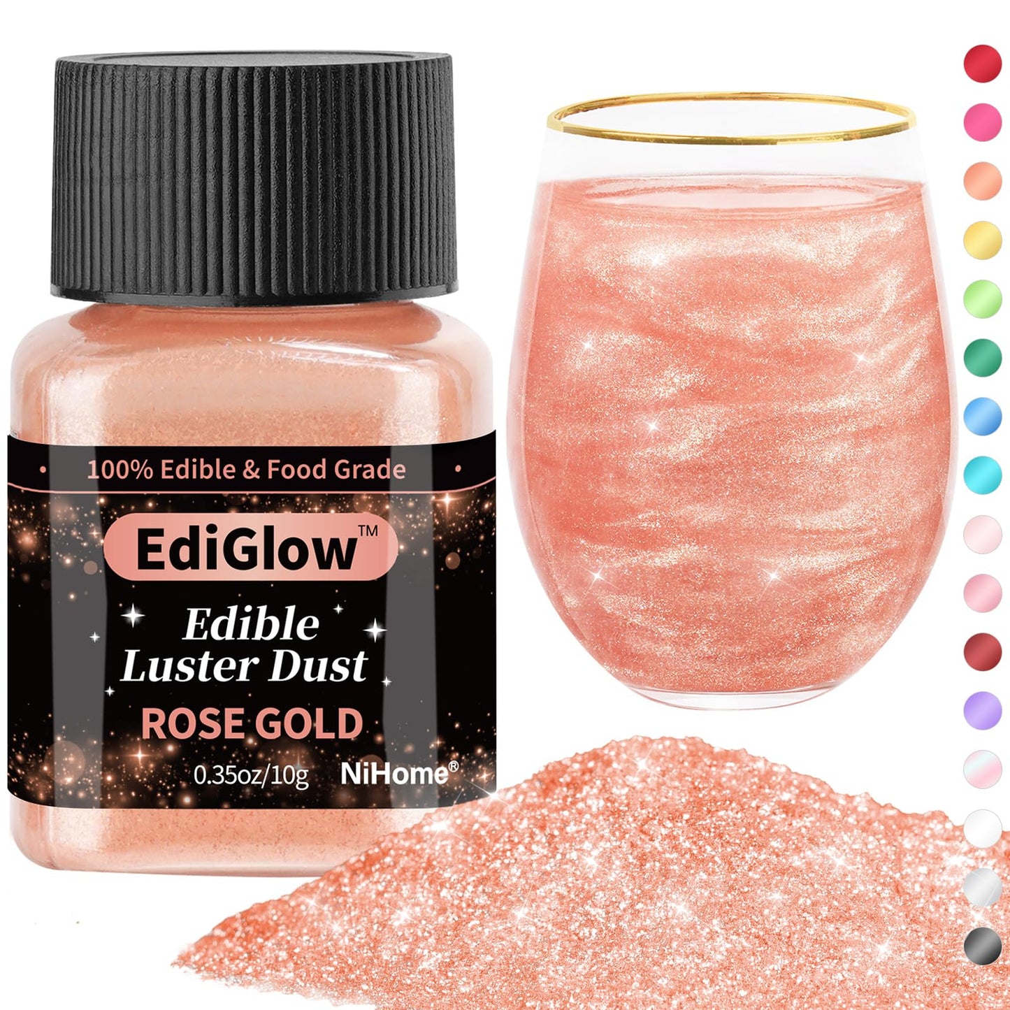 Nihome Edible Food-Grade Glitter Powder Glimmer Luster Dust Metallic Fancy Food Decorating Sprinkle Glimmery Dust For Drink Beverage-Inspired Beverage Cake Bakery Vegan Allergen-Free (Rose Gold  0.35Oz/10G)