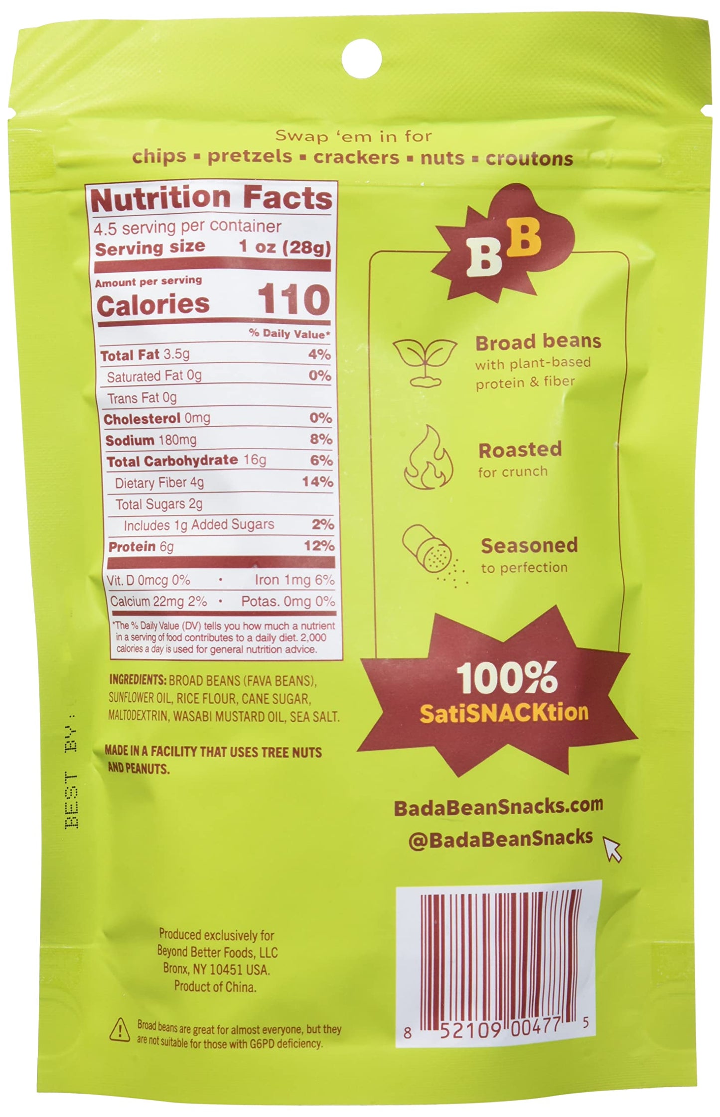Bada Bean Bada Boom Plant-Based Protein, Gluten Free, Vegan, Non-Gmo, Soy Free, Kosher, Roasted Broad Fava Bean Snacks, Wasabi,
