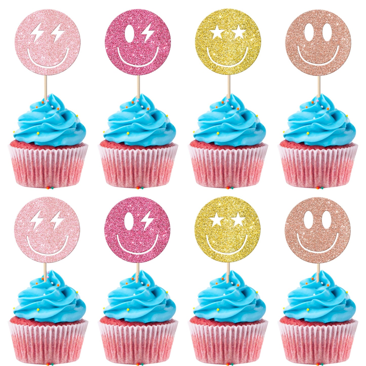 24 Pack Smile Face Cupcake Toppers Gold Glitter Cut Cupcake Picks Smiley Assorted Cupcake Toppers For Girls Baby Shower Birthday Party Cake Decorations Supplies Multi