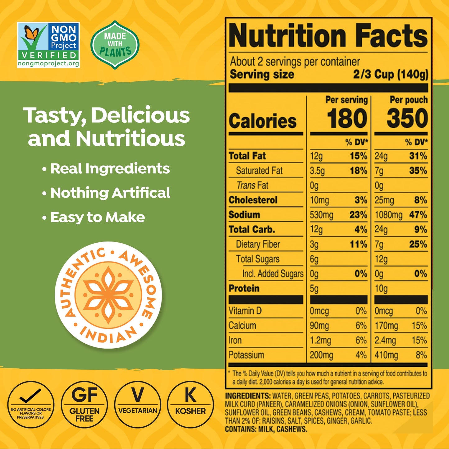 Tasty Bite Jaipur Vegetables, 10 Ounce, Pack of 6, Ready to Eat, Microwavable Entr  e with Cashews & Raisins, Vegetarian