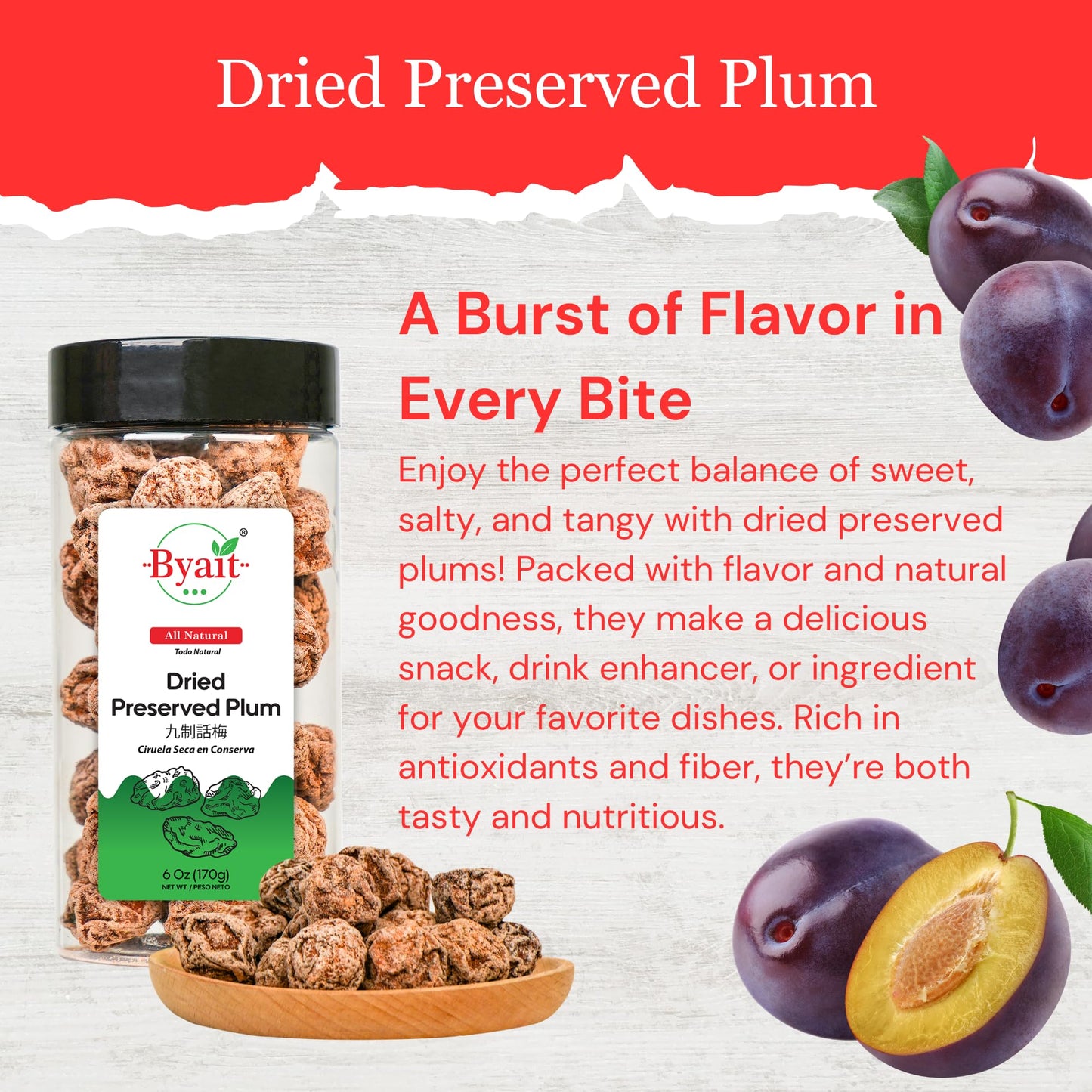 Byait Dried Preserved Plum 6 Oz, Approx. 38 Pieces,  Hua Mei, Salted & Sour Plums, Li Hing Mui Candy, Sweet & Salty Snack, Sou