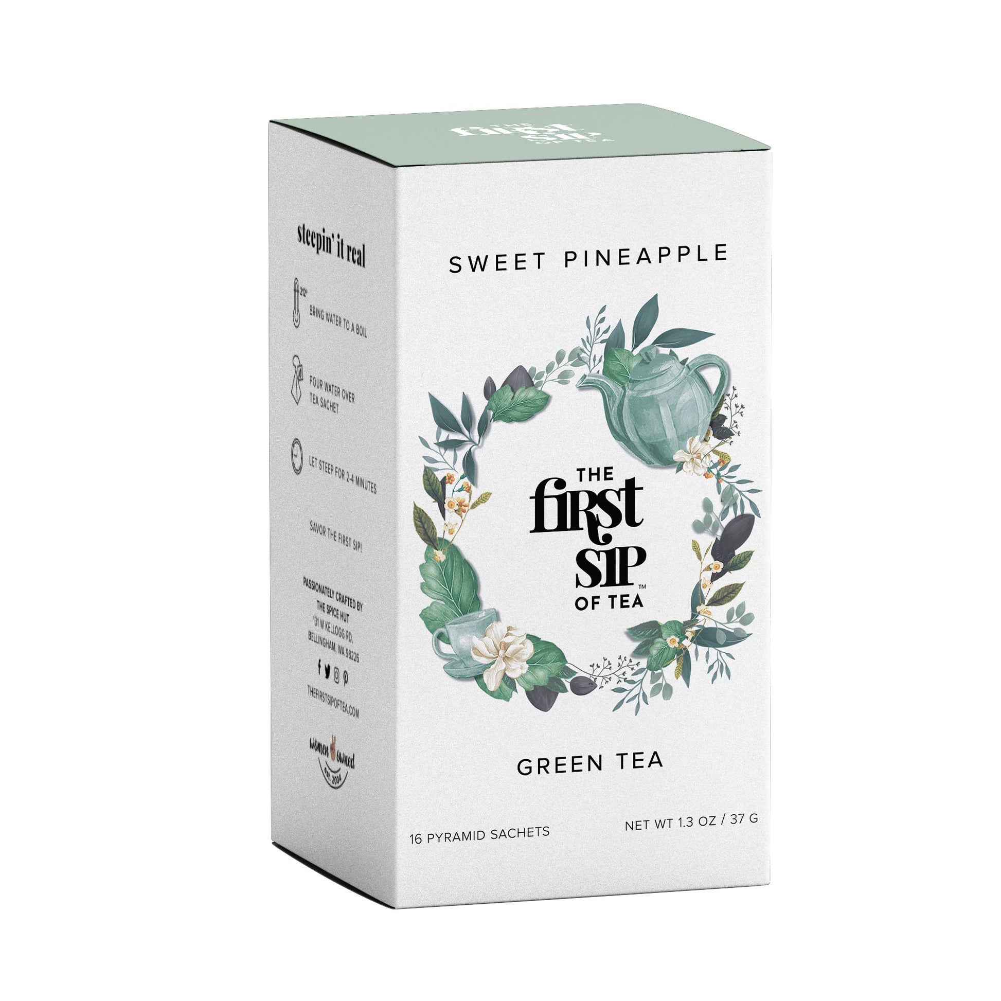 The Spice Hut Sweet Pineapple Green Tea Pyramid Sachet Bags, Caffeinated, 16 Count Box