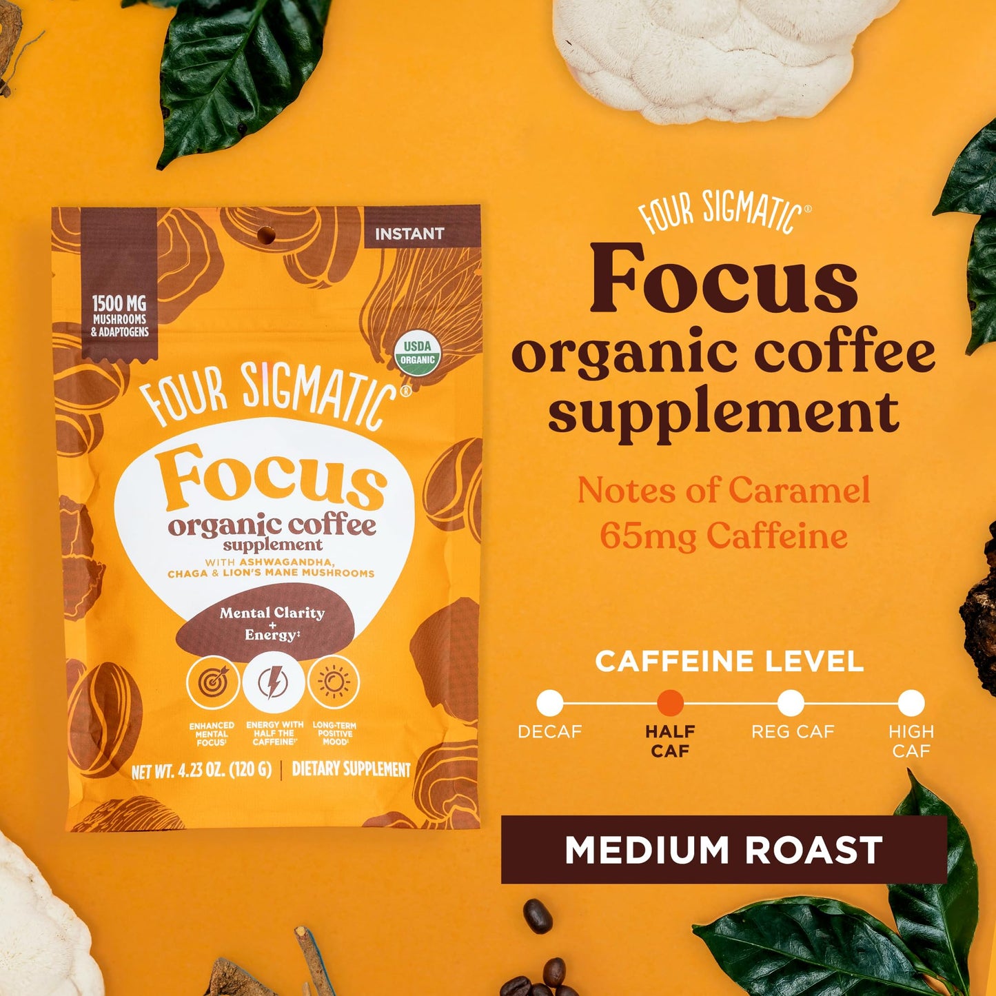 Focus Organic Mushroom Coffee By Four Sigmatic | 1500Mg Of Adaptogens Per Serving | Lion'S Mane, Chaga, Rhodiola, Ashwagandha &