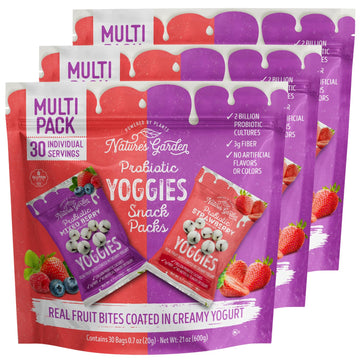 Natures Garden Probiotic Variety Pack Yoggies 21oz (30 x 0.7oz) Pack of 3 (Strawberry Yoggies 15x0.7 oz +Mixed Berry Yoggies 15