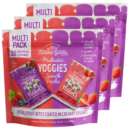 Natures Garden Probiotic Variety Pack Yoggies 21oz (30 x 0.7oz) Pack of 3 (Strawberry Yoggies 15x0.7 oz +Mixed Berry Yoggies 15