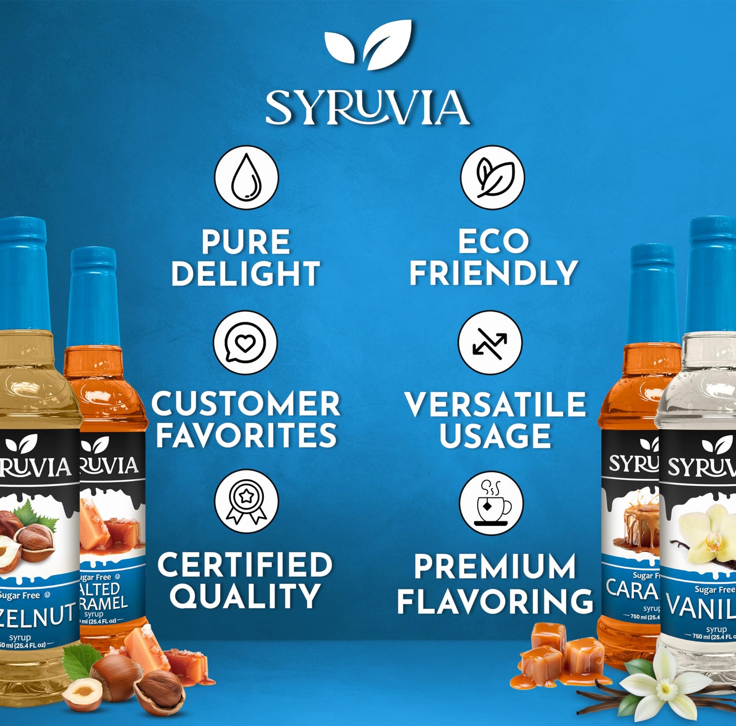 Syruvia Coffee Syrup Variety Pack Sugar Free Vanilla  Caramel  Hazelnut & Salted Caramel Kosher  25.4 fl oz bottles - Elevate Your Coffee Experience!