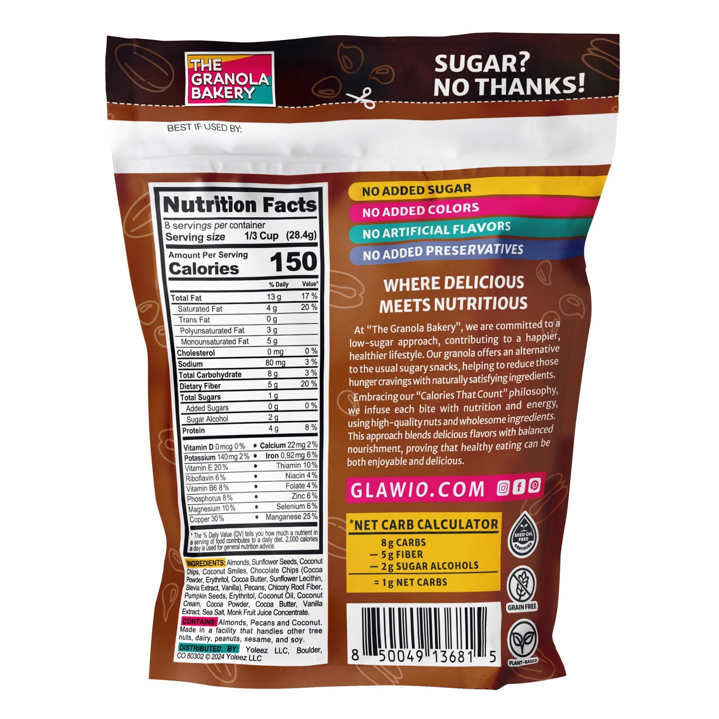 TGB Chocolate Chip Granola Cereal, Keto Friendly Snack, No Added Sugar, Gluten Free, High Fiber, 8oz Resealable Bag (Pack of 1)