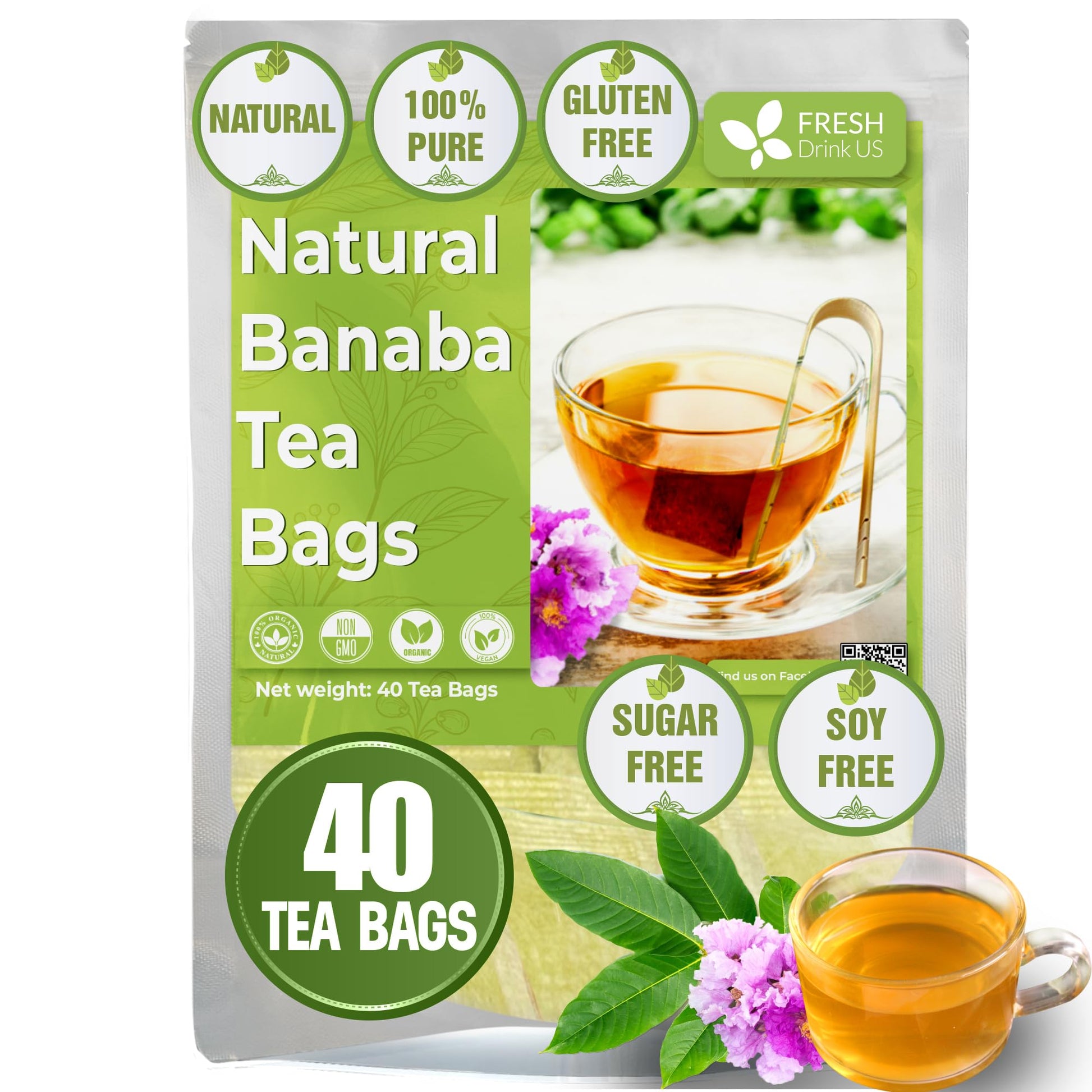 FRESHDRINKUS Premium Banaba Herbal Tea Bags, 100% Natural, 40 Count, Vegan, No Sugar, No Caffeine, Gluten-Free