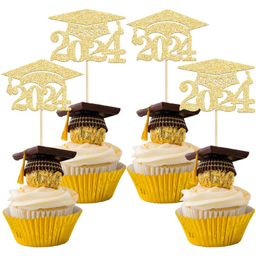 Gyufise 24Pcs Gold Glitter 2024 Graduation Cupcake Toppers Class Of 2024 Grad Cap Cake Picks Decorations For So Proud Of You 202
