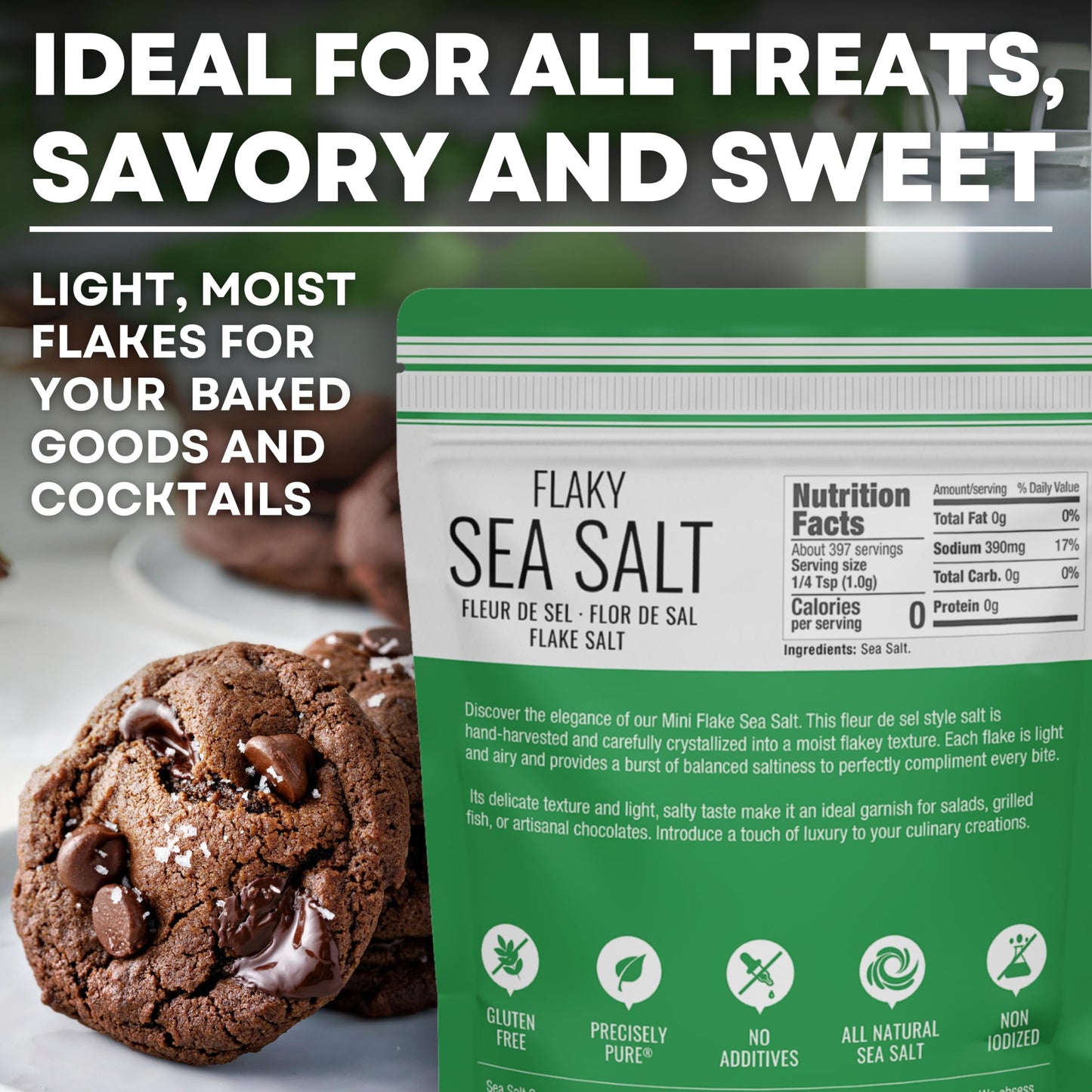 Flaky Hand Harvested Sea Salt Flakes, Baja Fleur de Sel Flake Salt, for Baking and Cooking and Fishing, 7 oz Bag