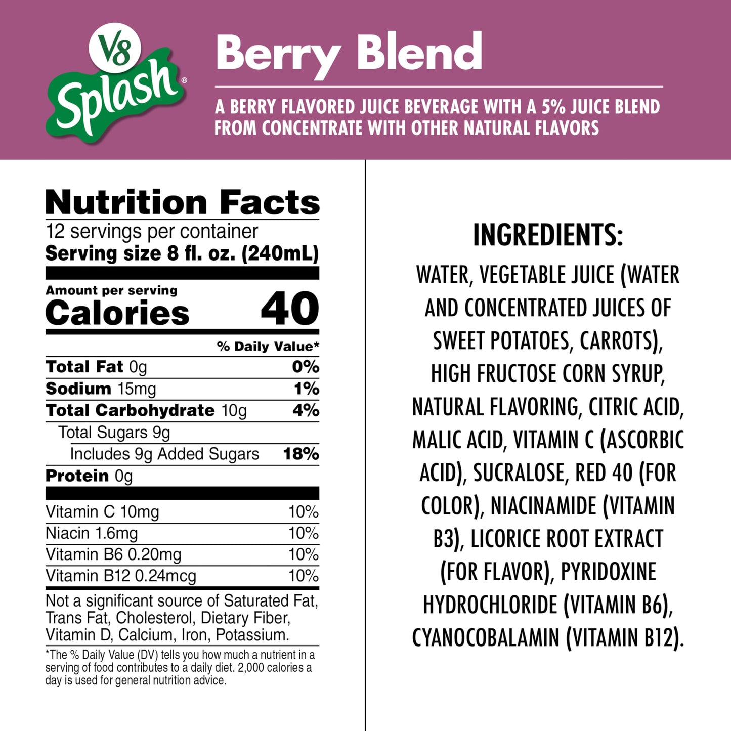 V8 Splash Berry Blend Flavored Juice Beverage, 96 fl oz Bottle