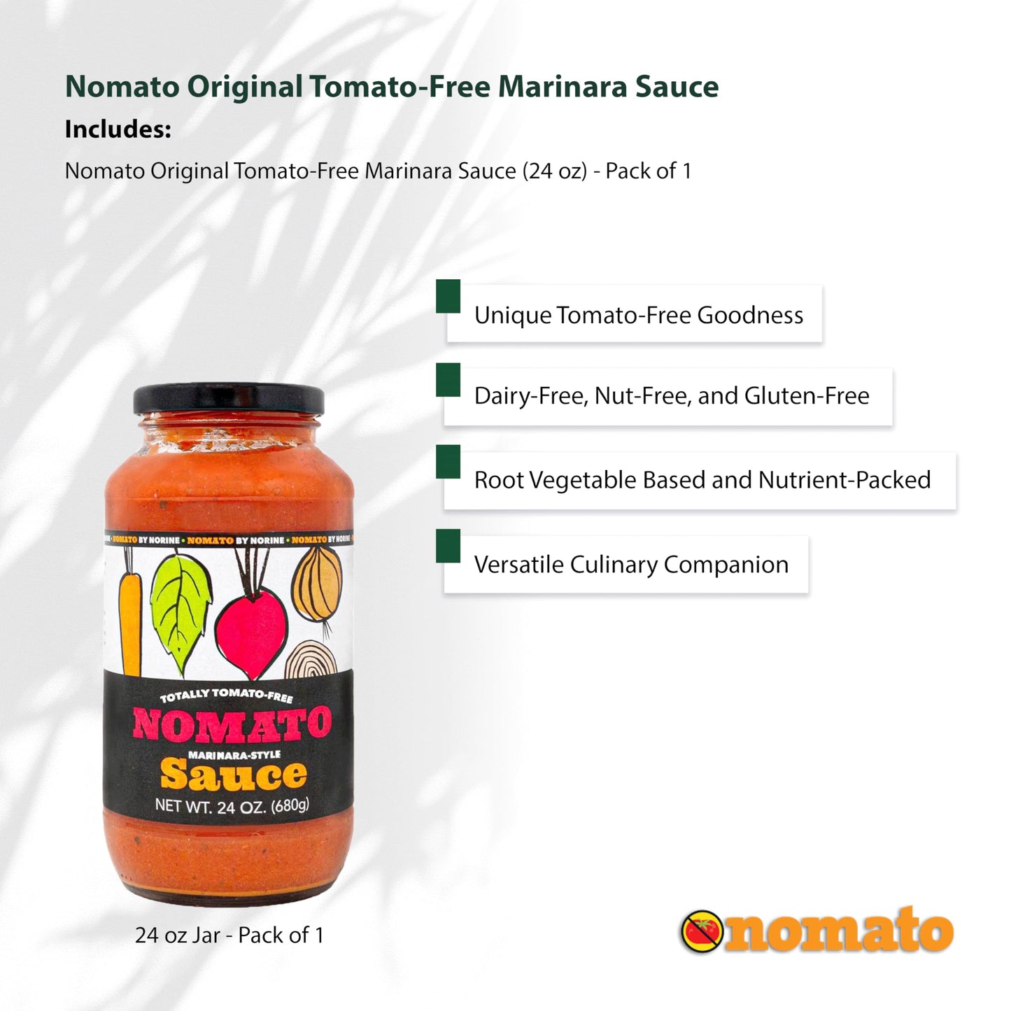 Nomato - 1 Pack of Original Tomato Free Marinara Sauce (24 oz) - Tomato Free, Gluten Free, Nut Free and Dairy Free (Marinara, 1