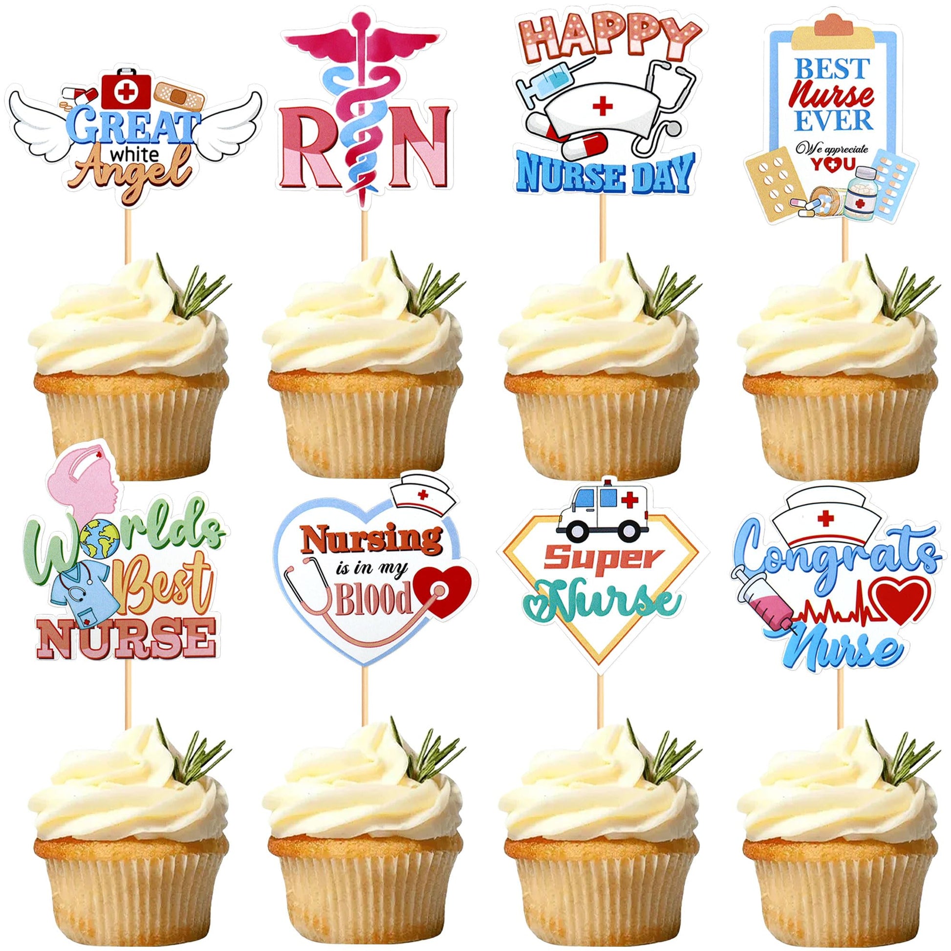 Ercadio 32Pcs Nurse Cupcake Toppers Nursing School Graduation Cupcake Picks for Medical Rn Nurse Themed Birthday Party Cake Deco