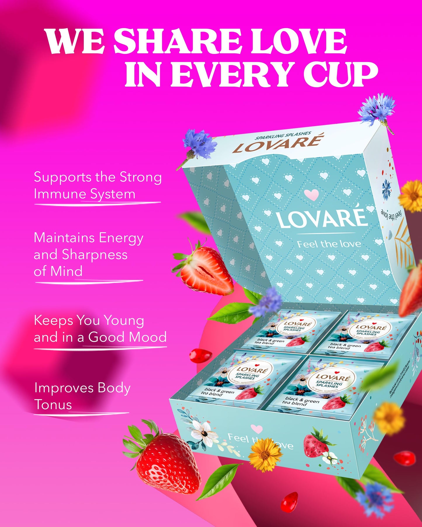 LOVARE Sparkling Splashes Tea Bags, Classic Black & Sencha Green Blend, 32 Individually Wrapped Bags, 64g Gift Box Set