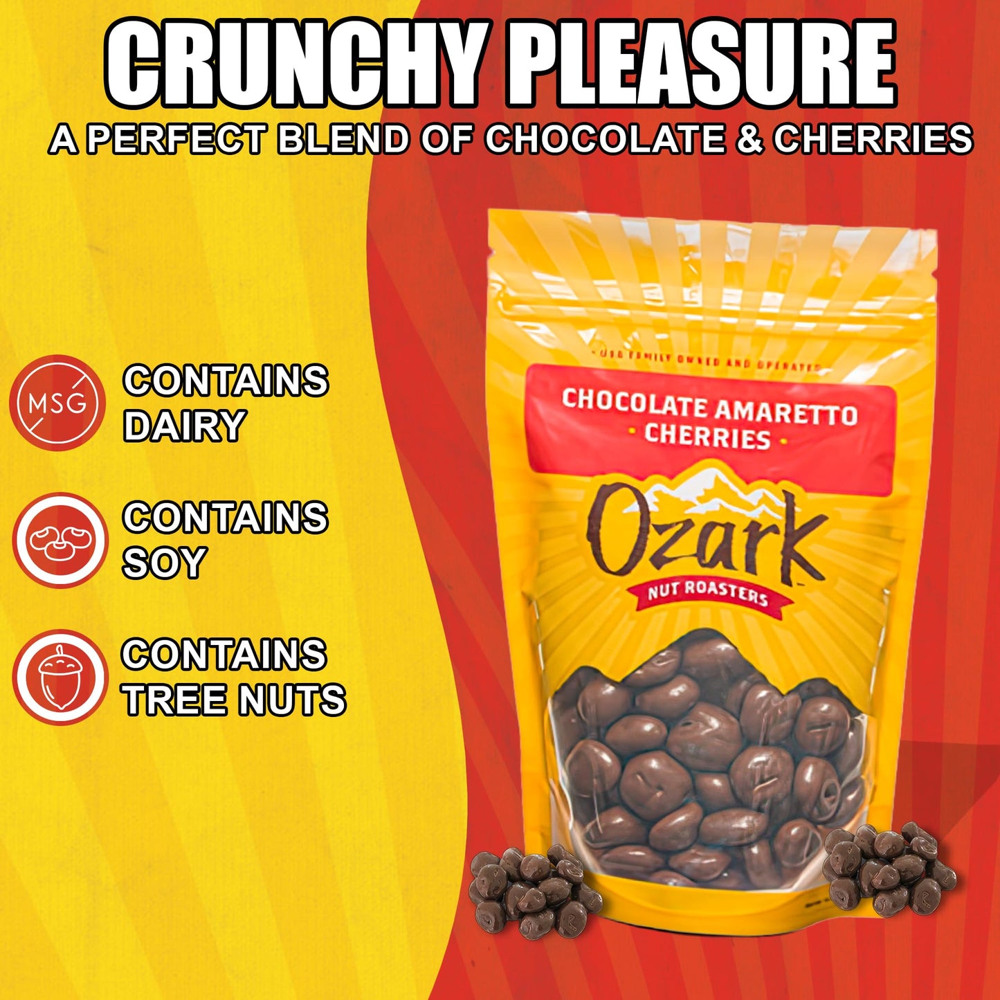 Ozark Nut Roasters Chocolate Amaretto Cherries, Gourmet Candied Nuts, Resealable Pack, 16 oz, Brown/Red