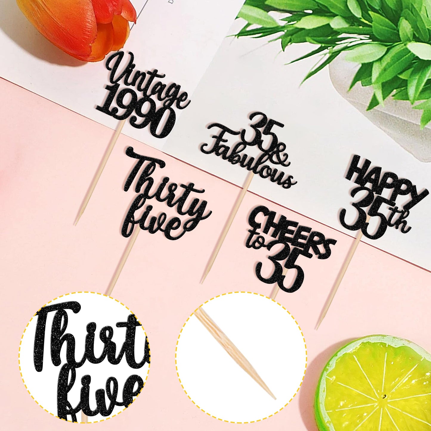 30Pcs Happy 35Th Birthday Cupcake Toppers Glitter Thirty Five Vintage 1988 Cupcake Picks 35 Fabulous Cheers To 35 Years Cake Dec